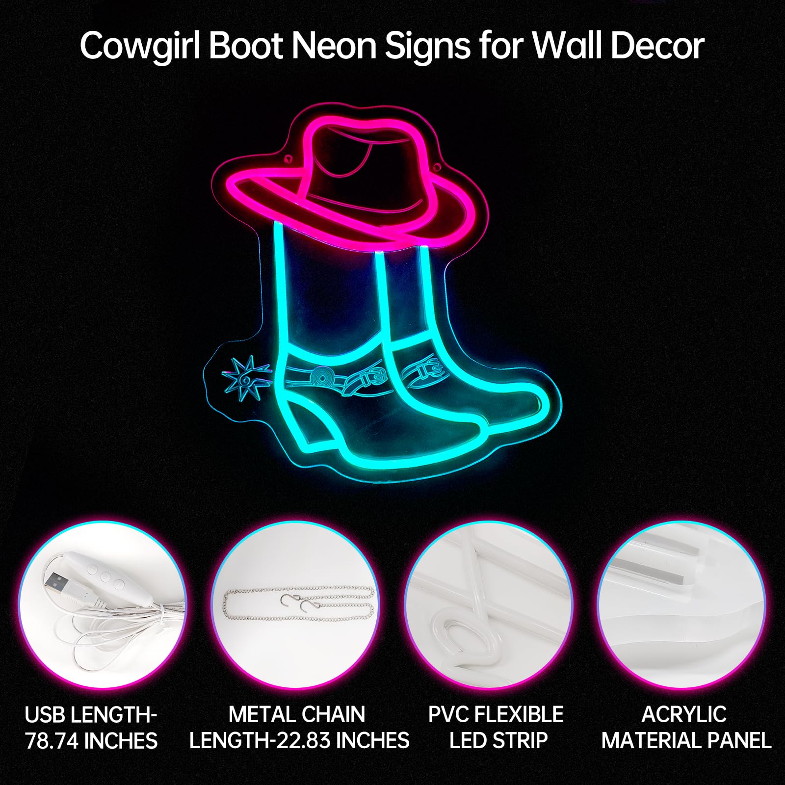 Cowboy Boot Neon Signs For Wall Decor-Cowgirl Boots With Hat Neon Signs For Decor  Pink Aesthetic Western Wall Art  Cowboy Led Sign For Game Room Bedroom Party Bar  Birthday Christmas Gifts  Dimmable Switch Usb Power  Adhesive Hook Included