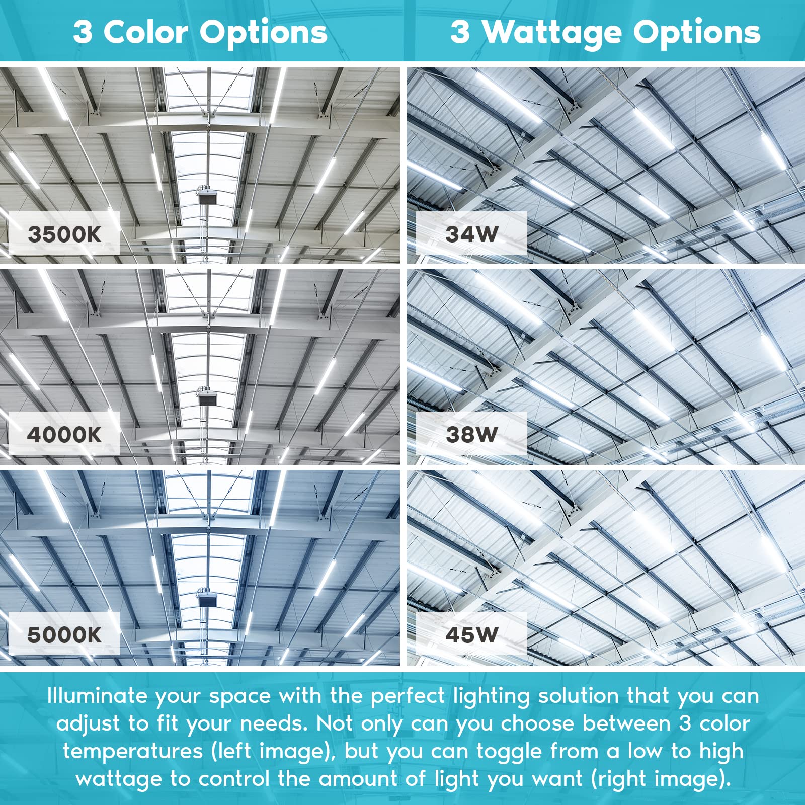 Luxrite 4Ft Slim Led Shop Light, 34W/38W/45W Adjustable, Up To 5940 Lumens, 3 Color Selectable 3500K-5000K, Linear Strip Light F