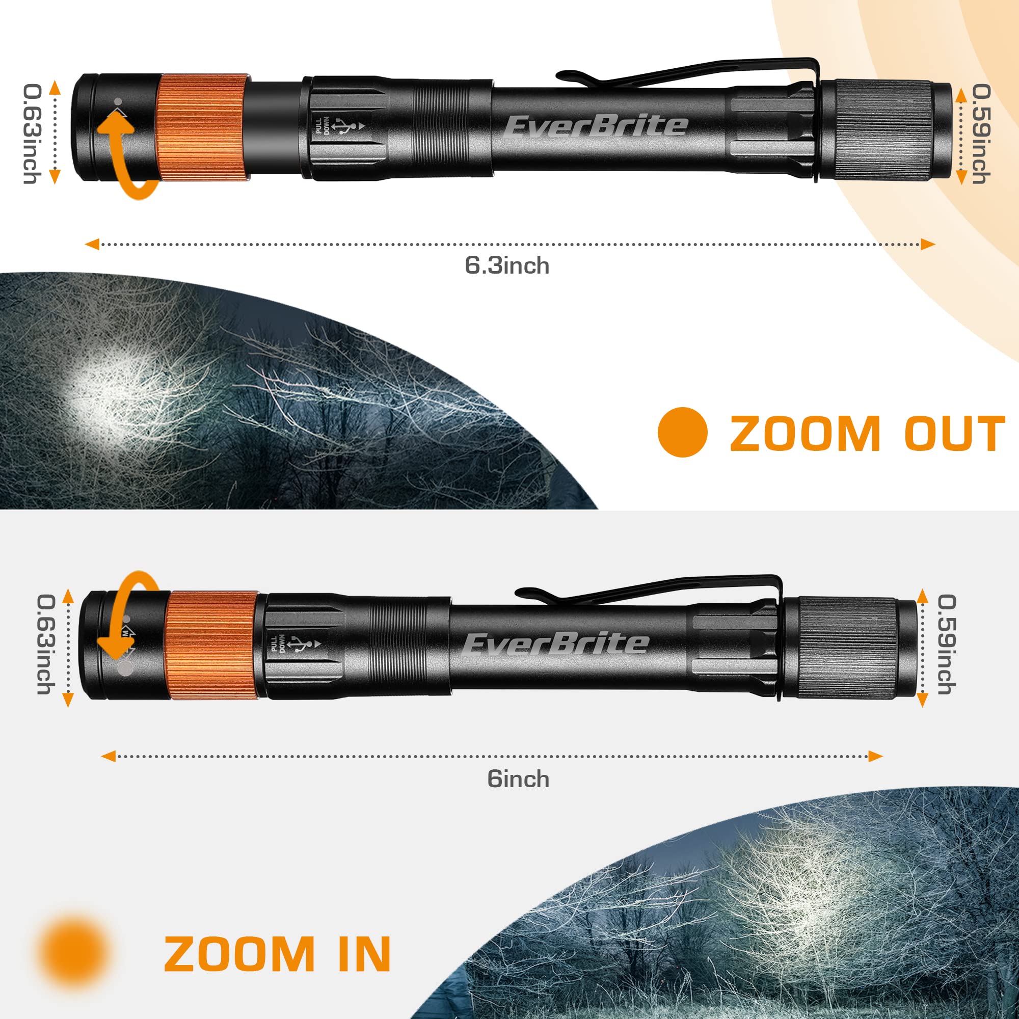 EverBrite Rechargeable Pen Light - 300 Lumens, Zoomable LED Flashlight, Black, Aluminum, USB C Cable Included, Perfect for Camping & Emergencies