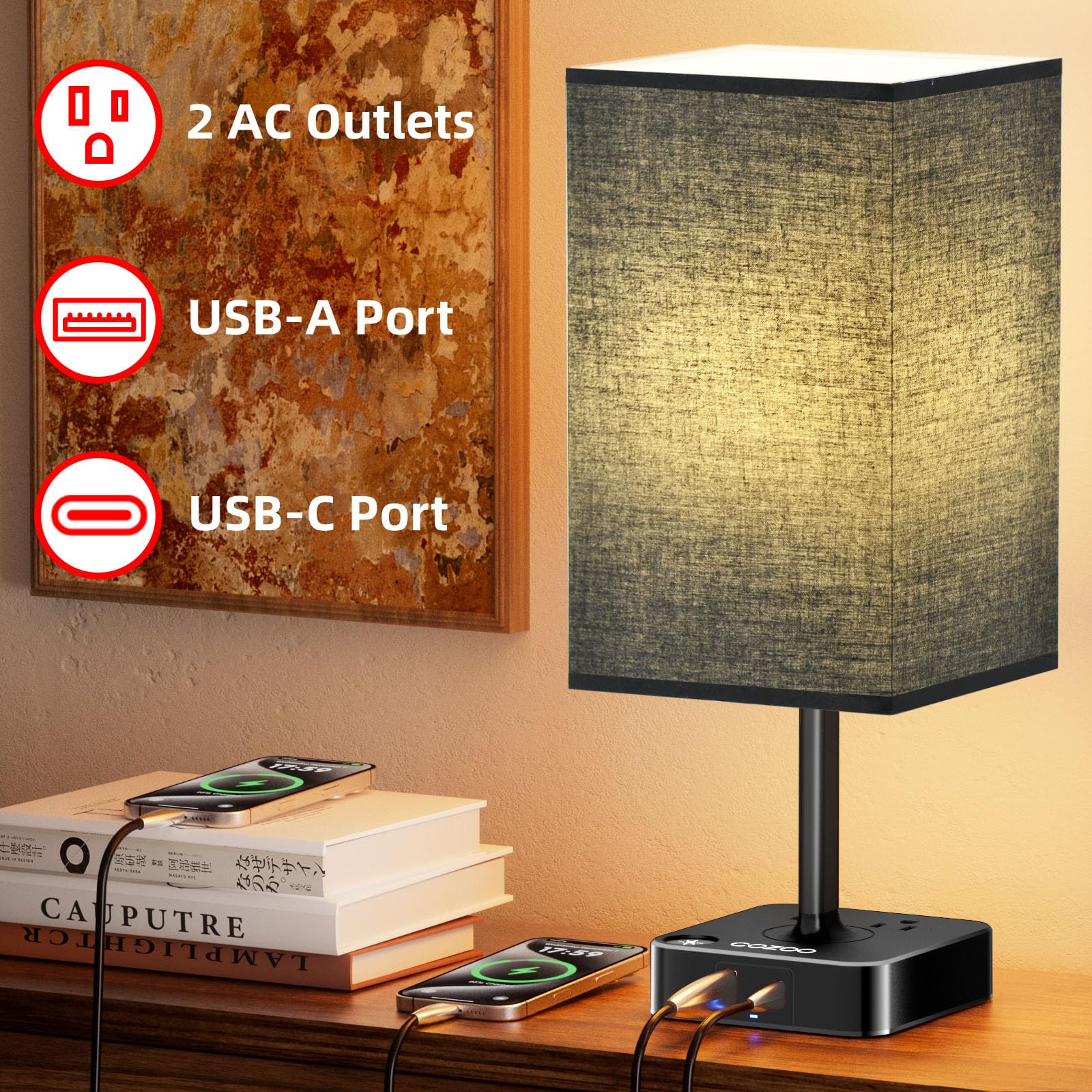 cozoo USB Bedside Table Desk Lamp with 3 USB Ports, 2 Outlets, 5.2inD x 5.2inW x 13.65inH, Black Fabric Shade