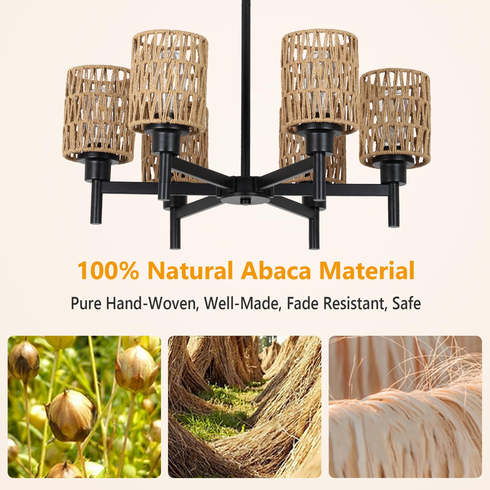 Airposta Rattan Chandelier for Dining Room, Black Pendant Light, Rustic Boho Design, Model 230907A1