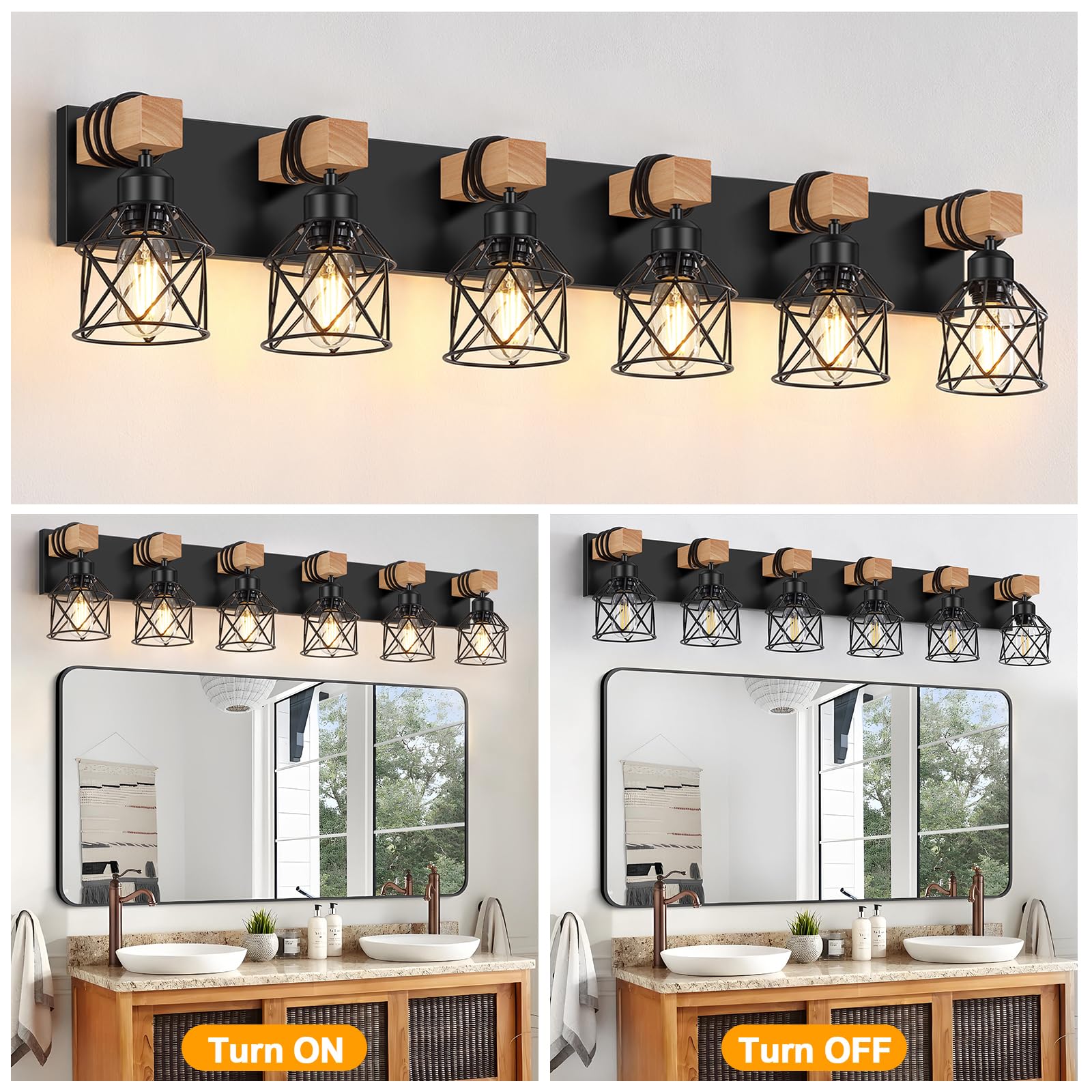 FadimiKoo 6-Light Farmhouse Bathroom Vanity Lighting, Rustic Black Wood & Metal Sconces, XLZ-6 Model for Bedroom, Living Room, Hallway