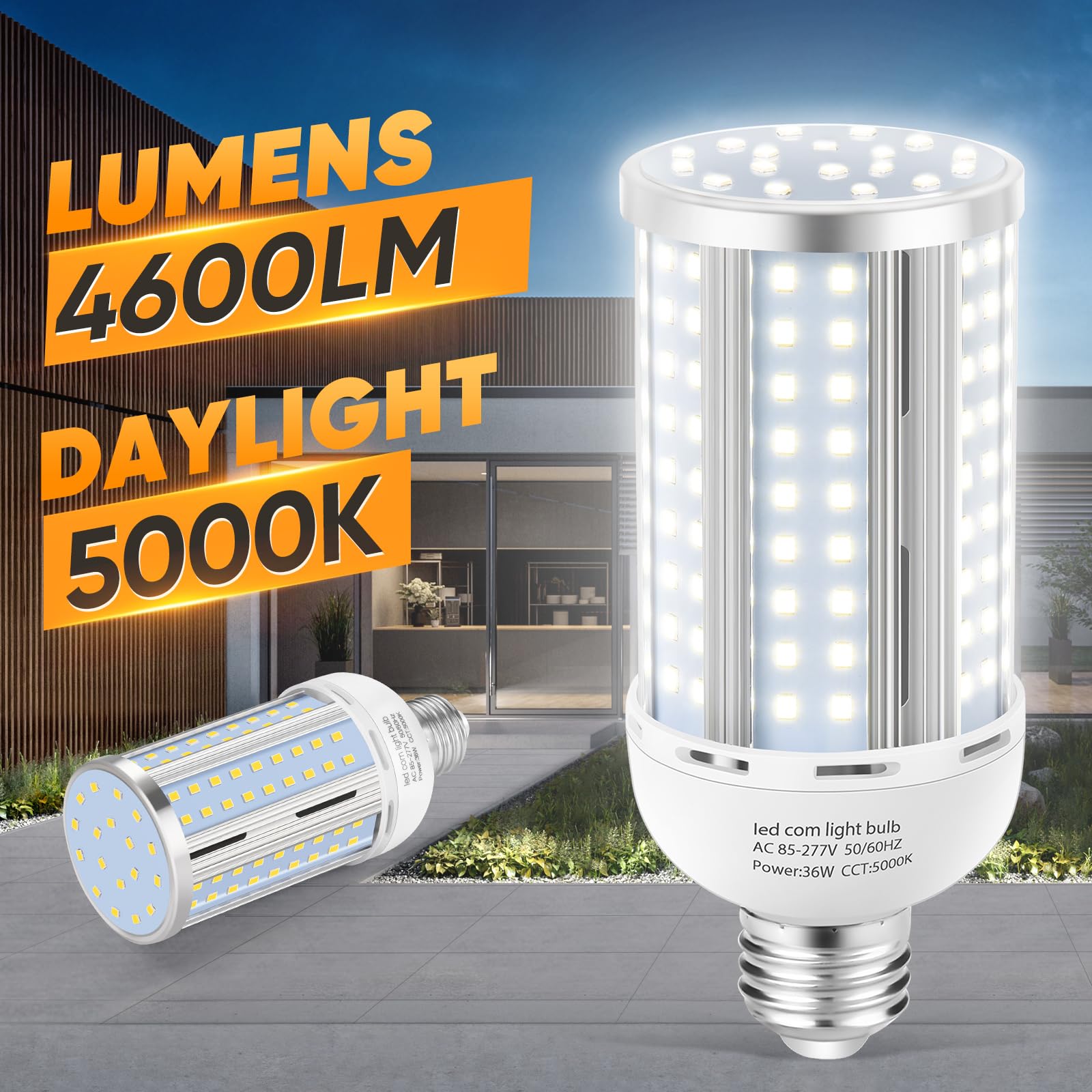 XYCN 6 Pack 36W Corn LED Light Bulb, 5000K Daylight, E26/E39 Base, 5400LM, Aluminum, Energy Efficient
