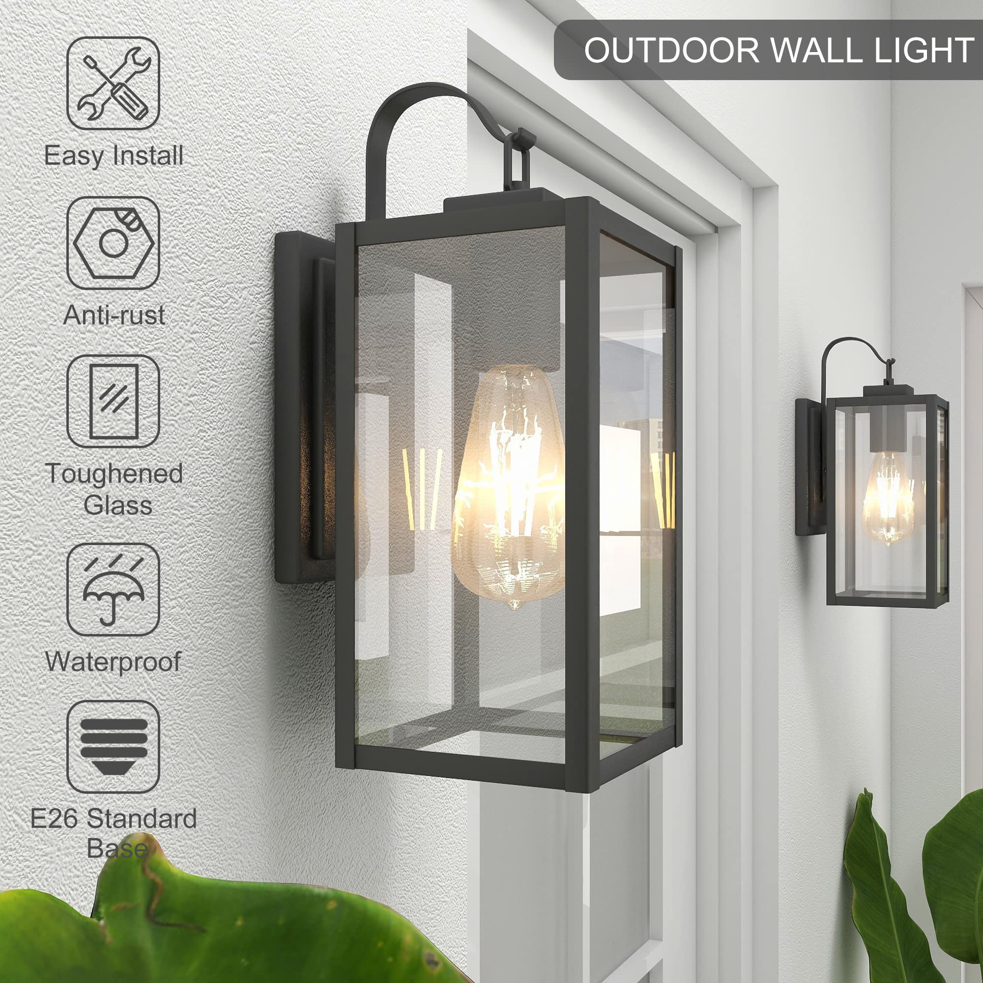 Pia Ricco Matte Black Outdoor Wall Lights, 14" Waterproof Sconces with Clear Glass Shade, ETL Listed, Model 12151