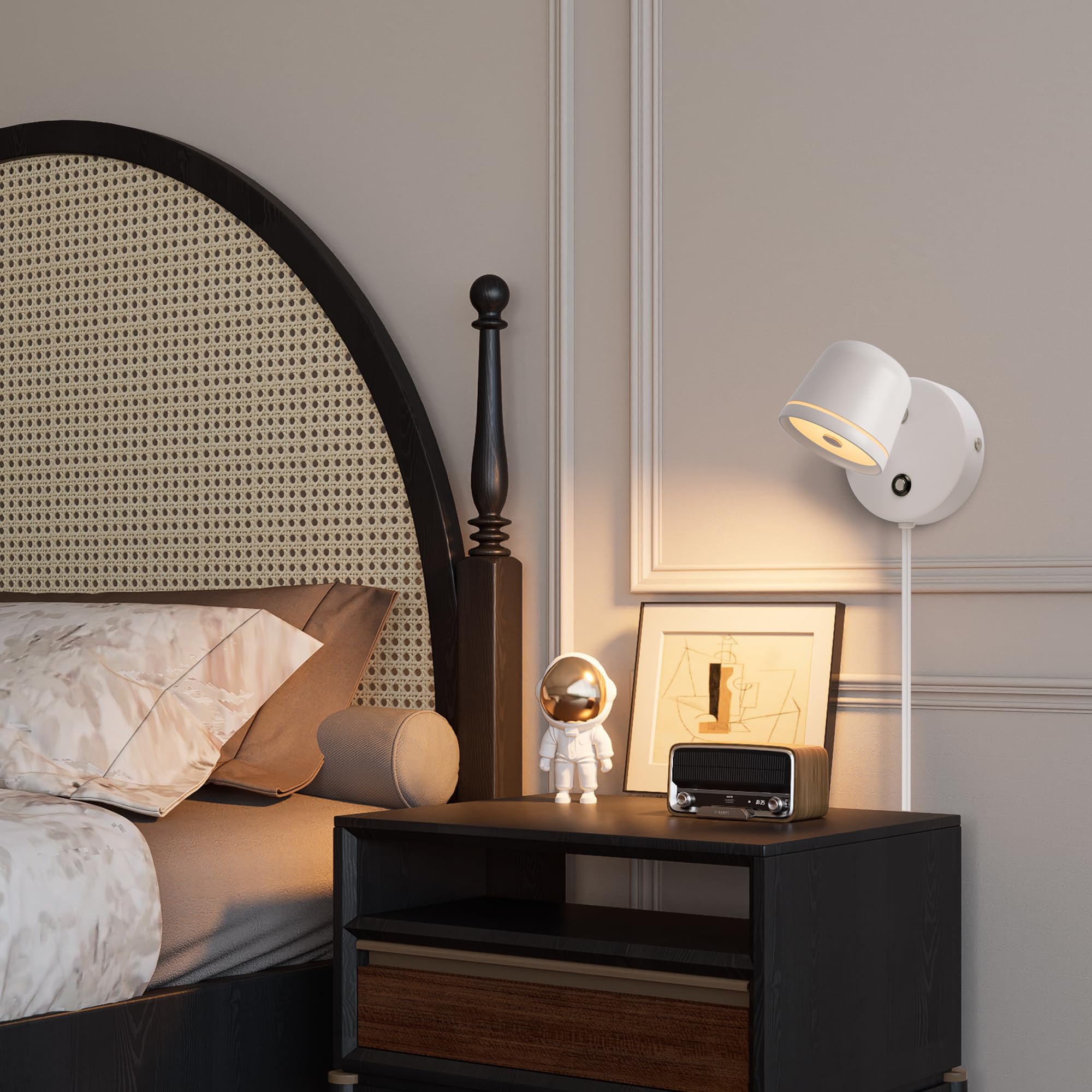 Aisilan LED Wall Sconce with Switch Plug in Dimmable Bedroom Sconce Adjustable Sconce Wall Lighting Angle Anti-Glare Matte White