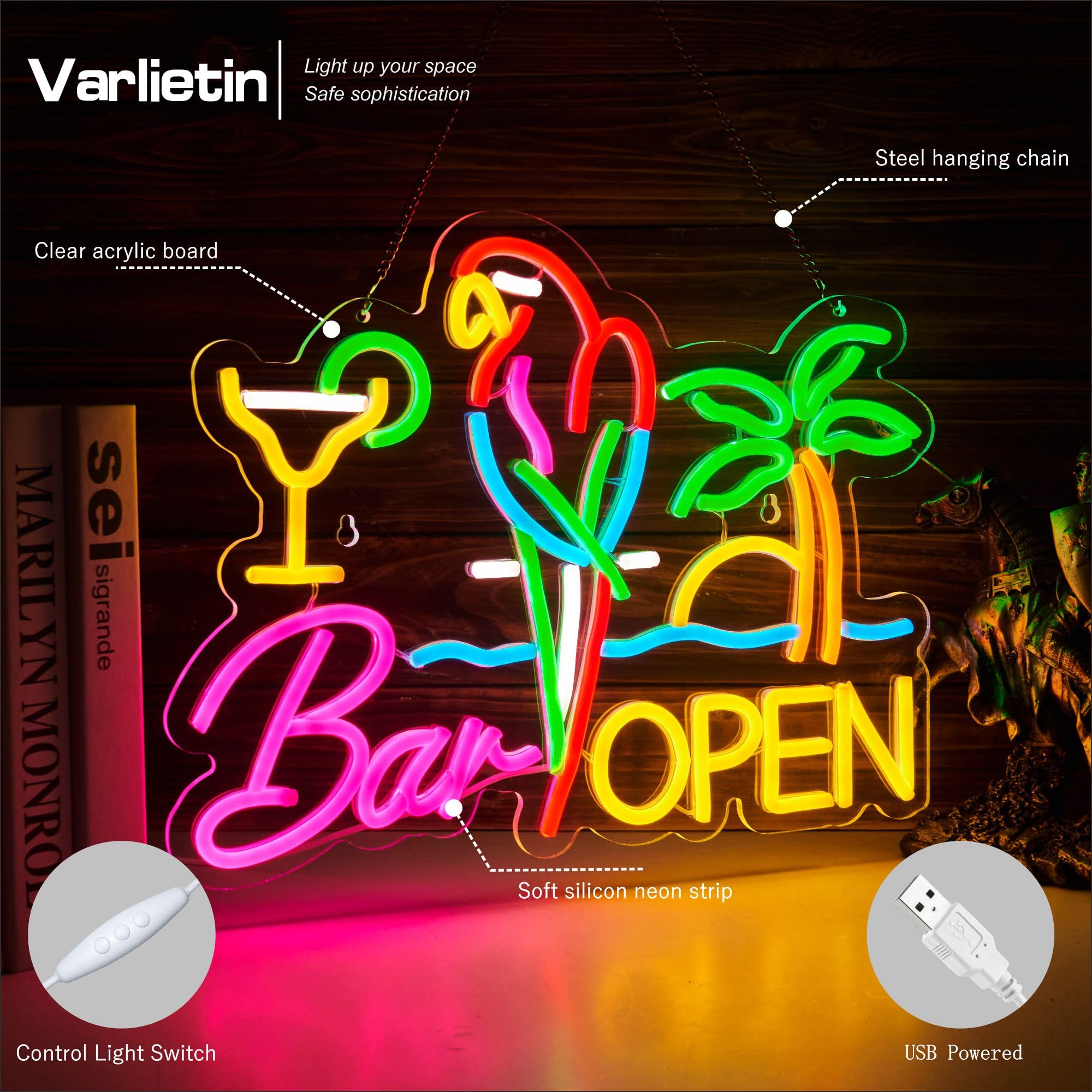VarLietin Bar Open Neon Sign - LED Wall Decor Light, Dimmable, 16.4 x 12.6 inches, Pink/Red/Green/Blue for Pub, Man Cave