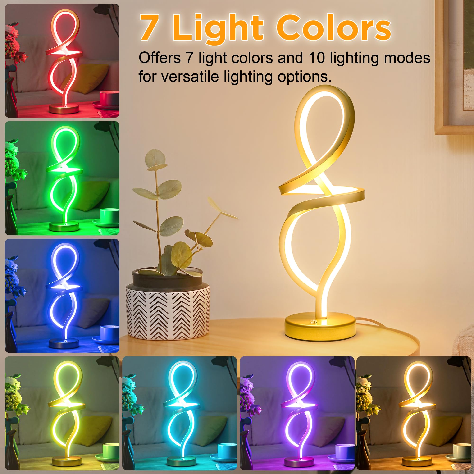 Mayful Modern Table Lamp,Rgb Table Lamp,Led Spiral Lamp, Gold Bedside Lamp With 7 Colors 10 Light Modes, Touch Dimmable Nightsta