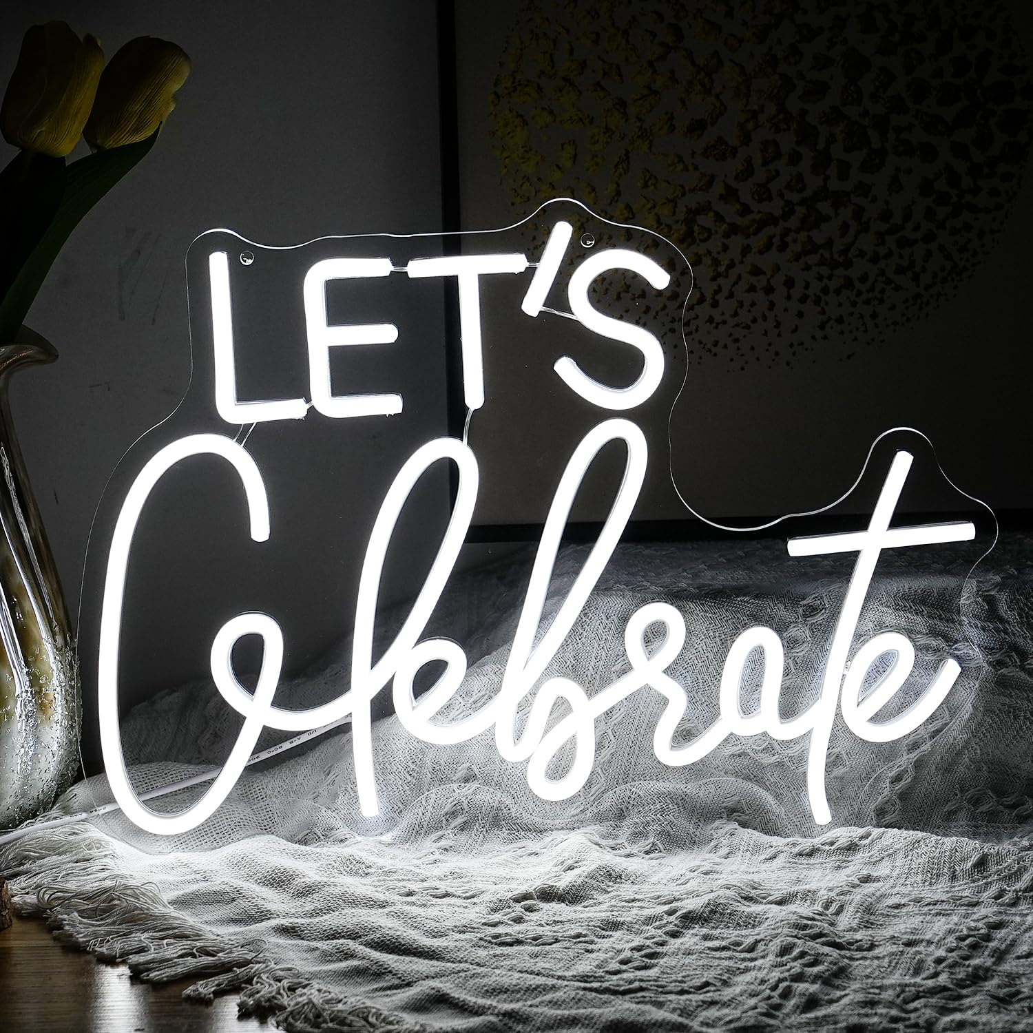 LISIGNVE Dimmable Neon Sign - Lets Celebrate - White LED Light for Wall Decor - 16.5inx11.8in - USB Powered