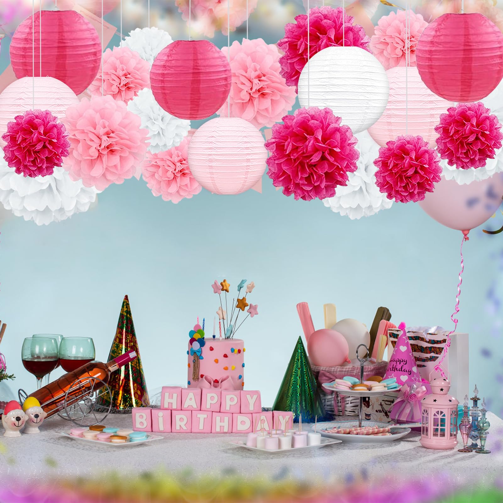 Celehappy Pink Paper Lanterns Party Decorations Tissue Paper Pom Poms For Weddings Birthdays Parties 18Pcs Hanging Paper Lantern
