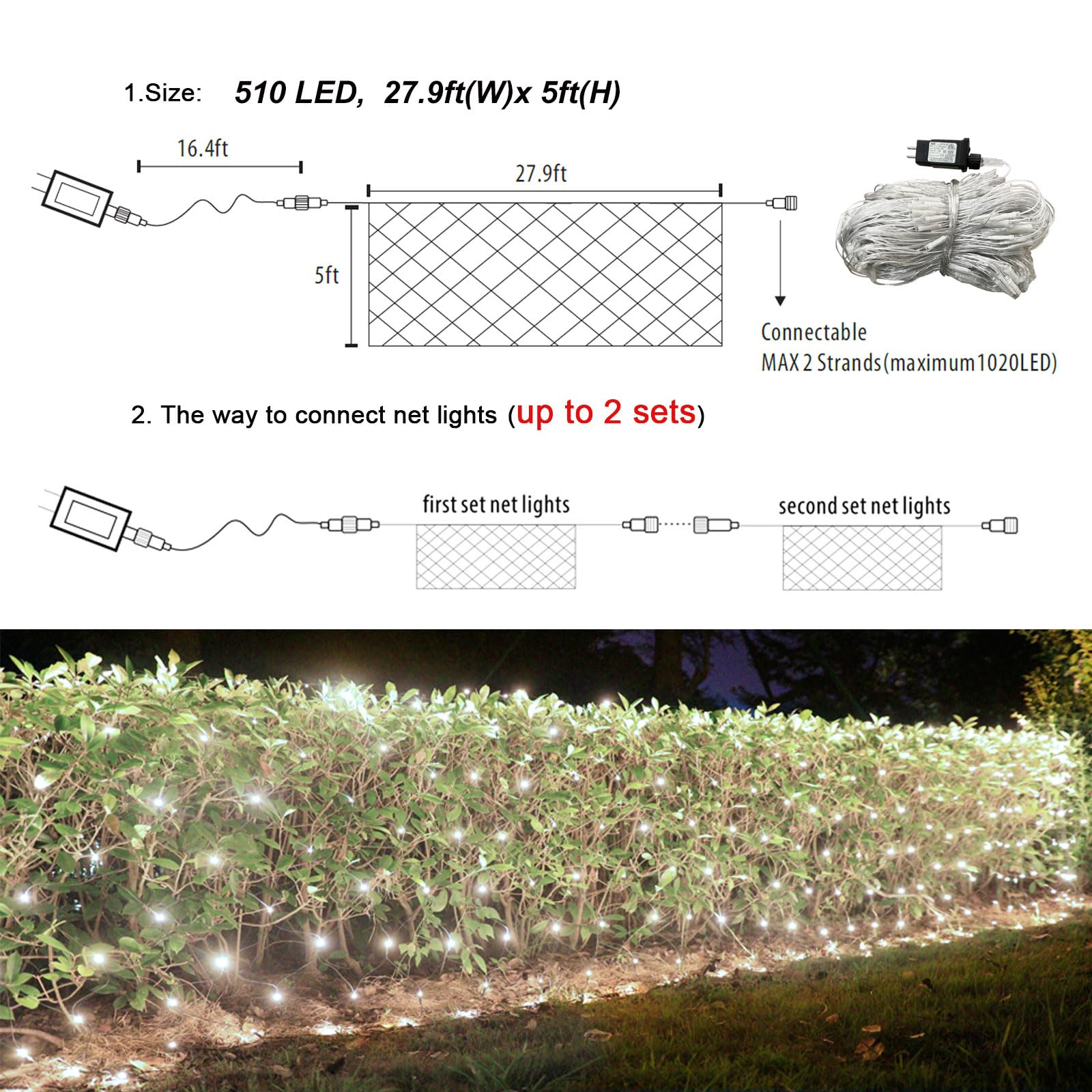 Lov high-standard LED Christmas Net Lights, 510 LED, 27.9ft x 5ft, Waterproof, White, Model LR-(1-1000) L-SL01, Outdoor Holiday