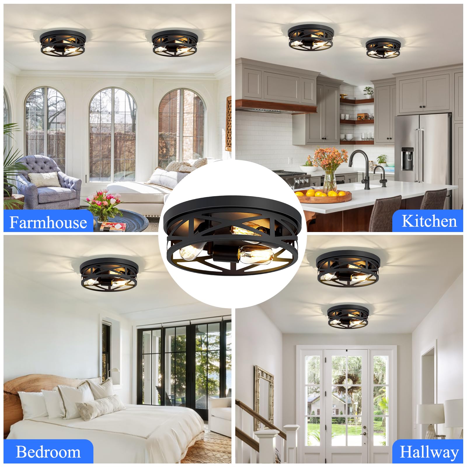 Skejao 13 Inch Black Flush Mount Ceiling Light Fixture, 3-Light, Close To Ceiling, Ideal For Hallway, Kitchen, Farmhouse, Bedroo