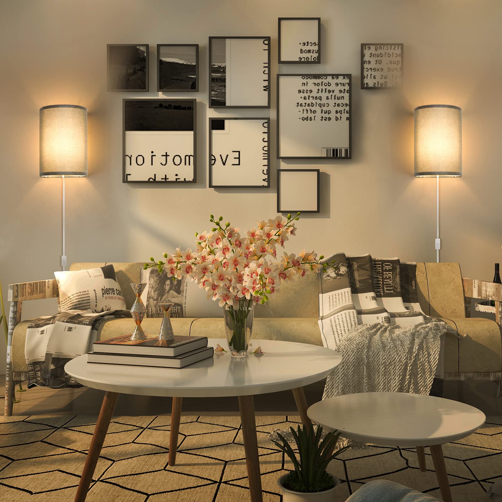 Beser·Win Wall Sconces Set Of Two, Gray Fabric Shades, Modern Plug-In Light Fixtures