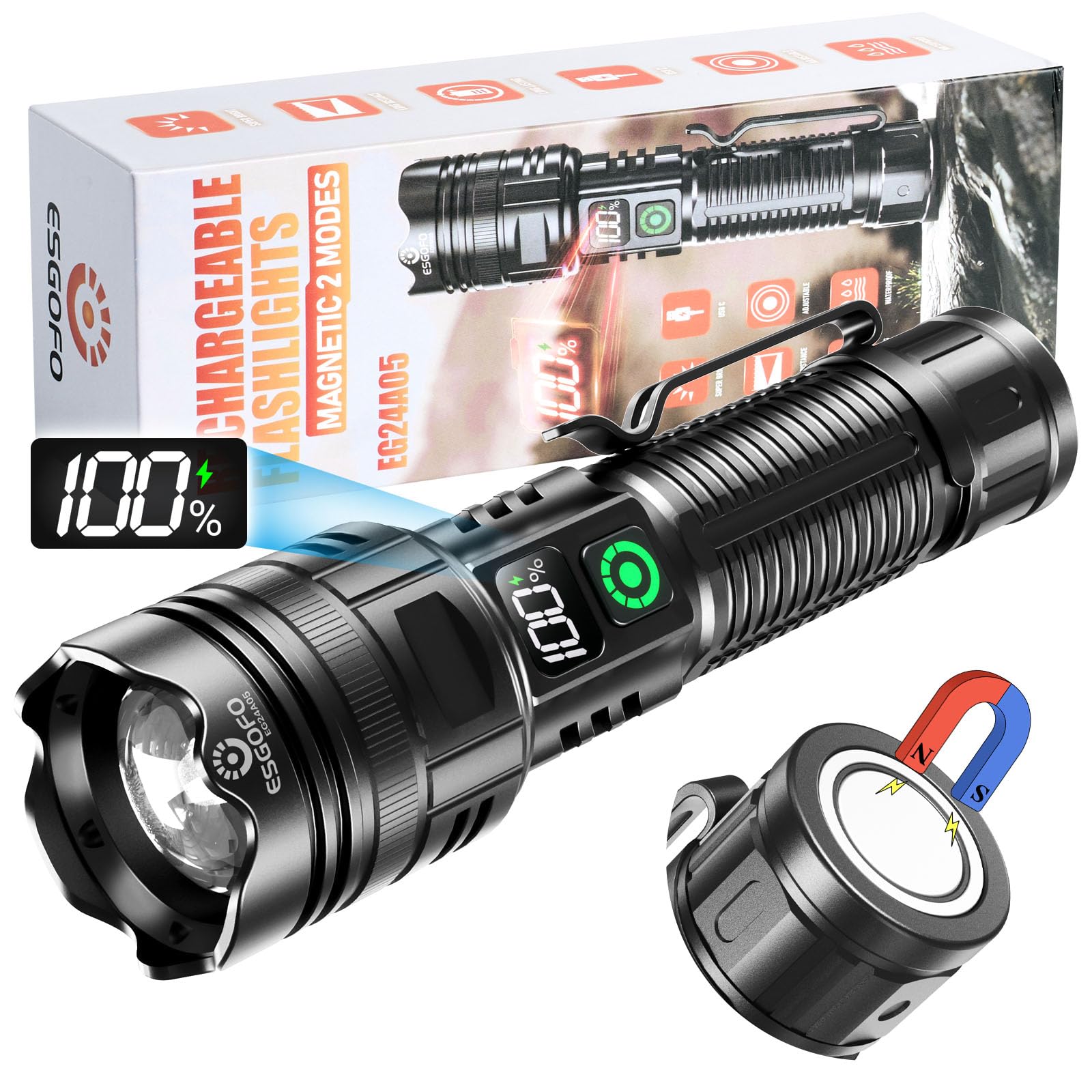 ESGOFO Rechargeable Flashlights High Lumens 1000000 2 Modes High/Low, Super Bright Magnetic LED Flashlight Long Distance 3280FT,