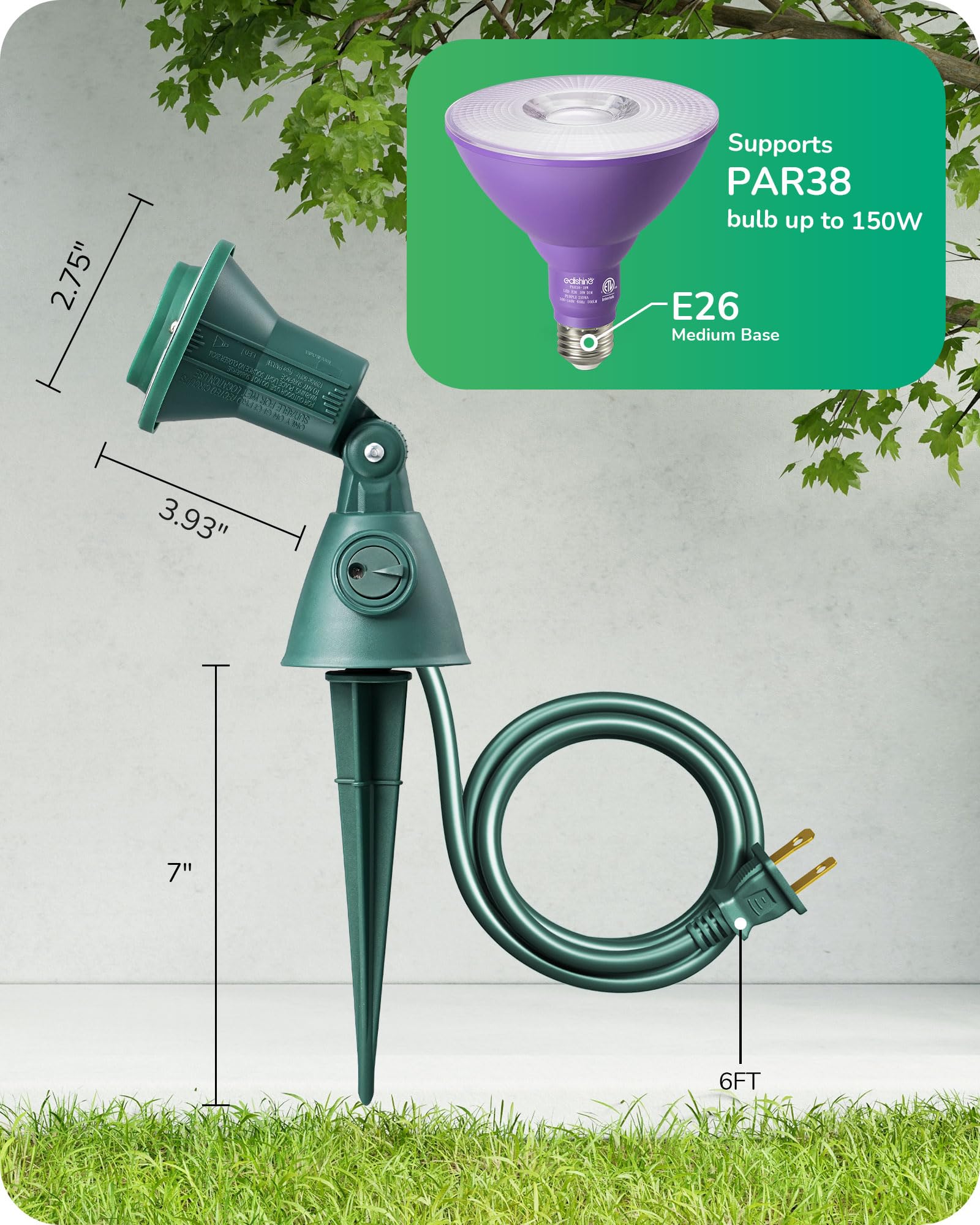 Edishine Dusk To Dawn 120V Outdoor Spotlight, Waterproof Led Outdoor Flood Stake Lights With Stake & 6-Feet Cord, 90 Adjustable