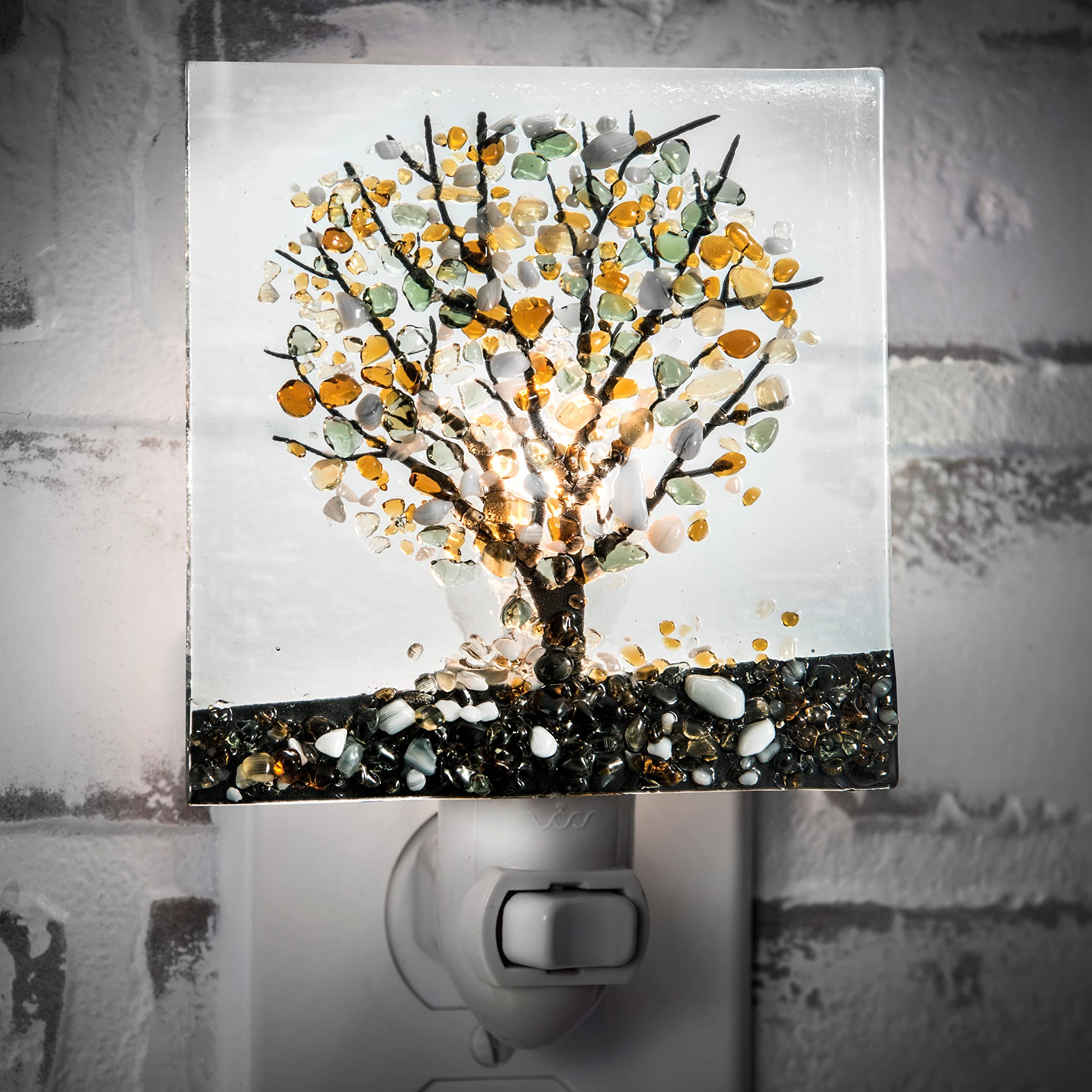 J Devlin Glass Art Stained Glass Night Light, Autumn, Fall Tree, Nature, Cabin, Plug in nightlight for Bedroom/Bathroom/Stairway
