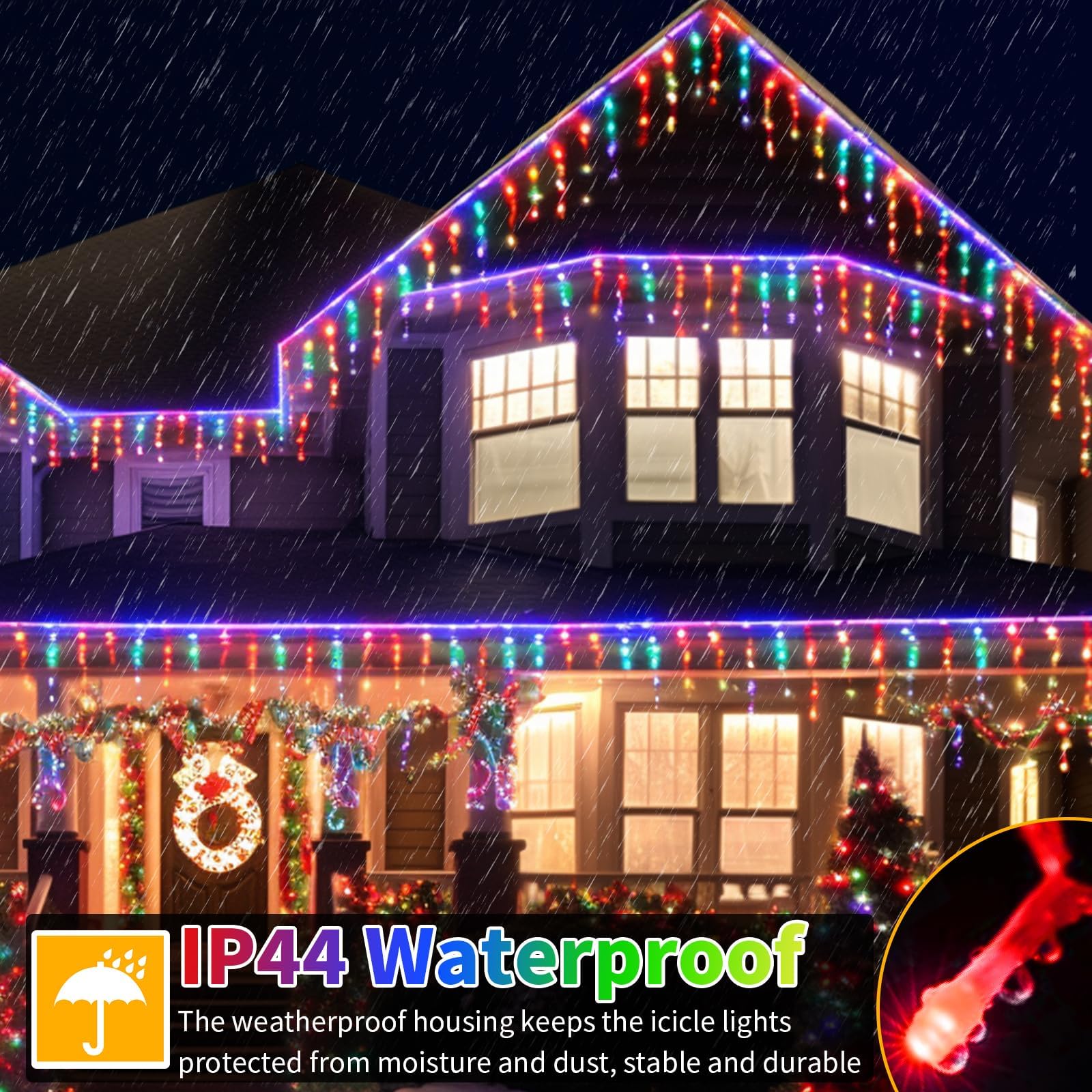 600 Led Christmas Icicle Lights Plug-In, 59Ft + 16Ft Multi Color Hang Icicle String Lights With Remote, 8 Modes Colorful Twinkle