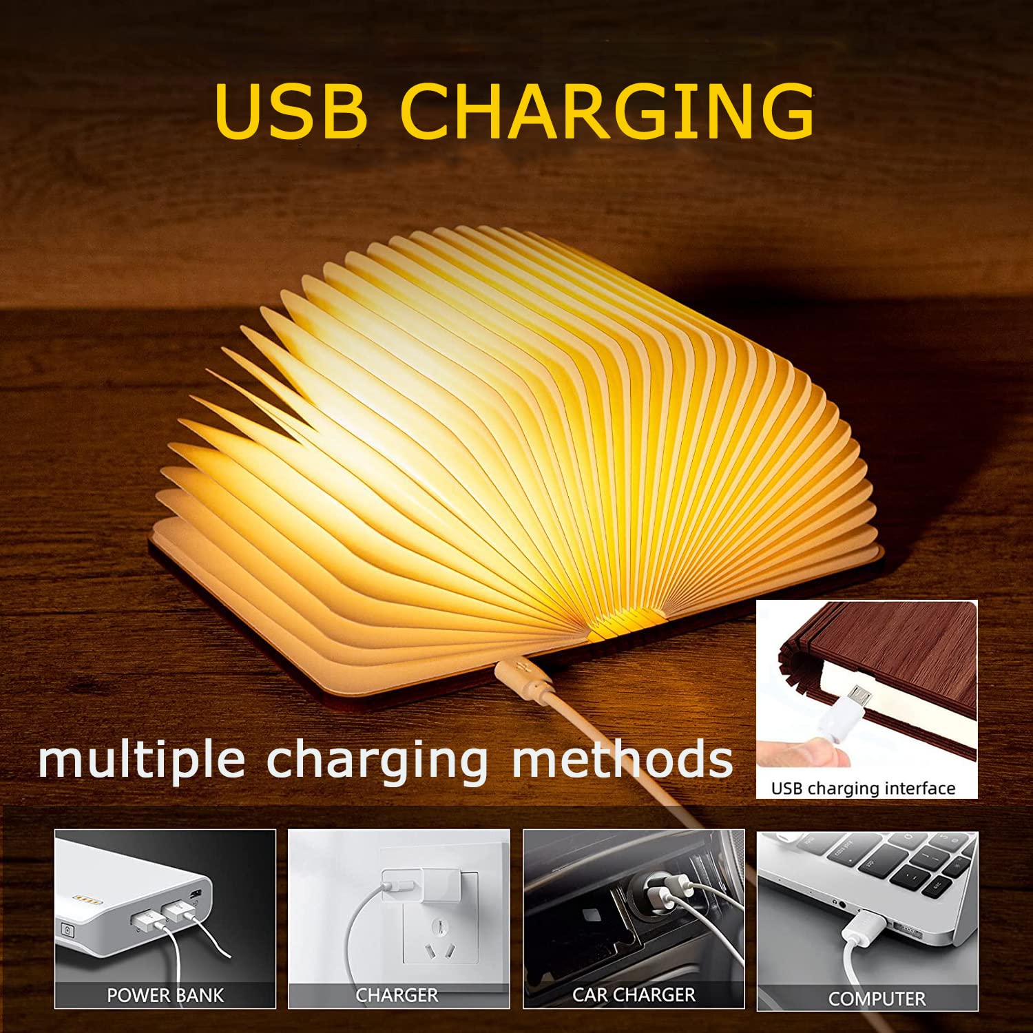 Tiuredx Wooden Book Light, Upgraded 5 Colors Creative Led Book Night Light Usb Rechargeable Magnetic Folding Mood Light For Home