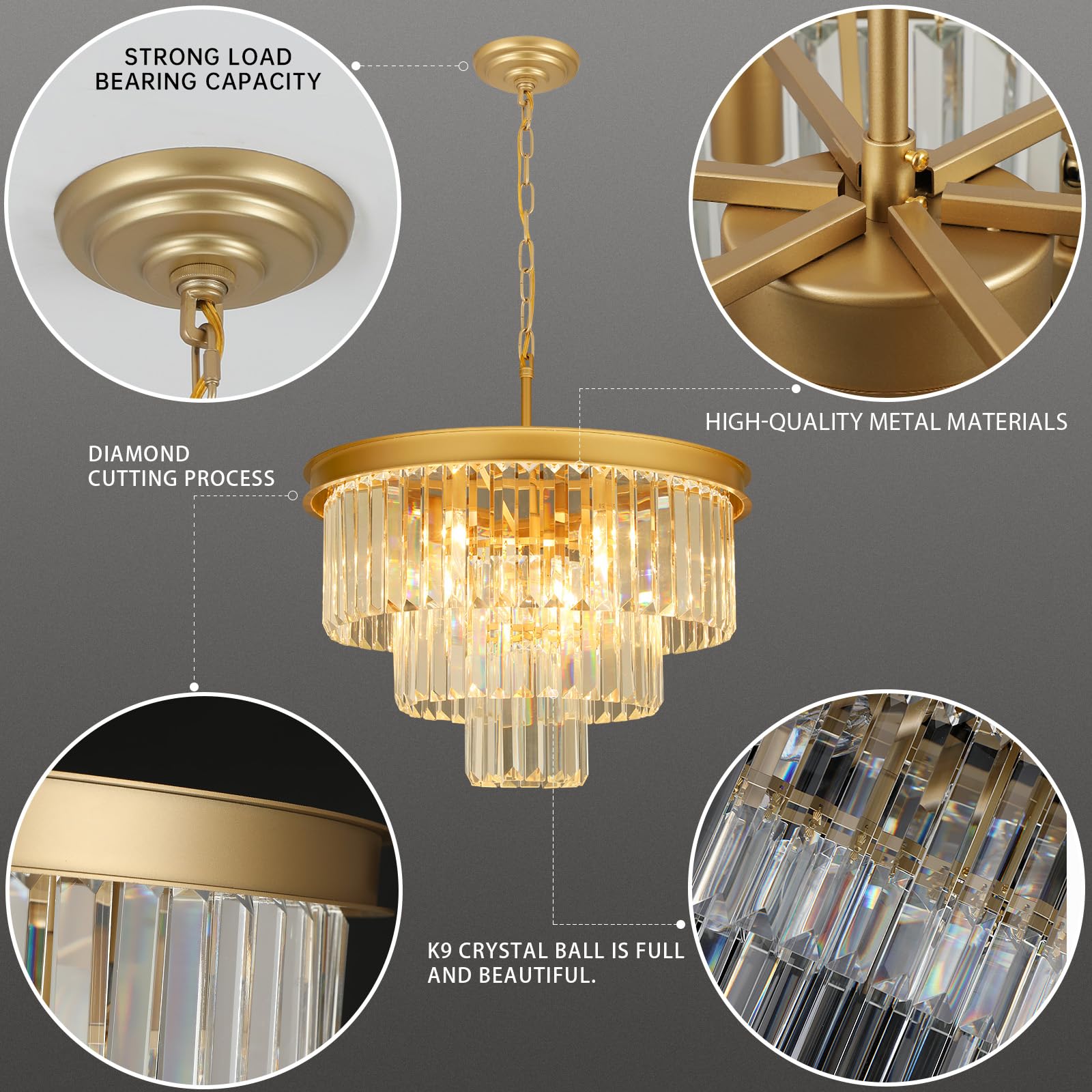 Weesalife Crystal Chandeliers For Dining Room Lights Fixtures  9 Lights Gold Modern Chandeliers For Bedroom  3-Tier Round Crystal Lighting Fixtures For Living Room Entryway Kitchen Island D20 Inch