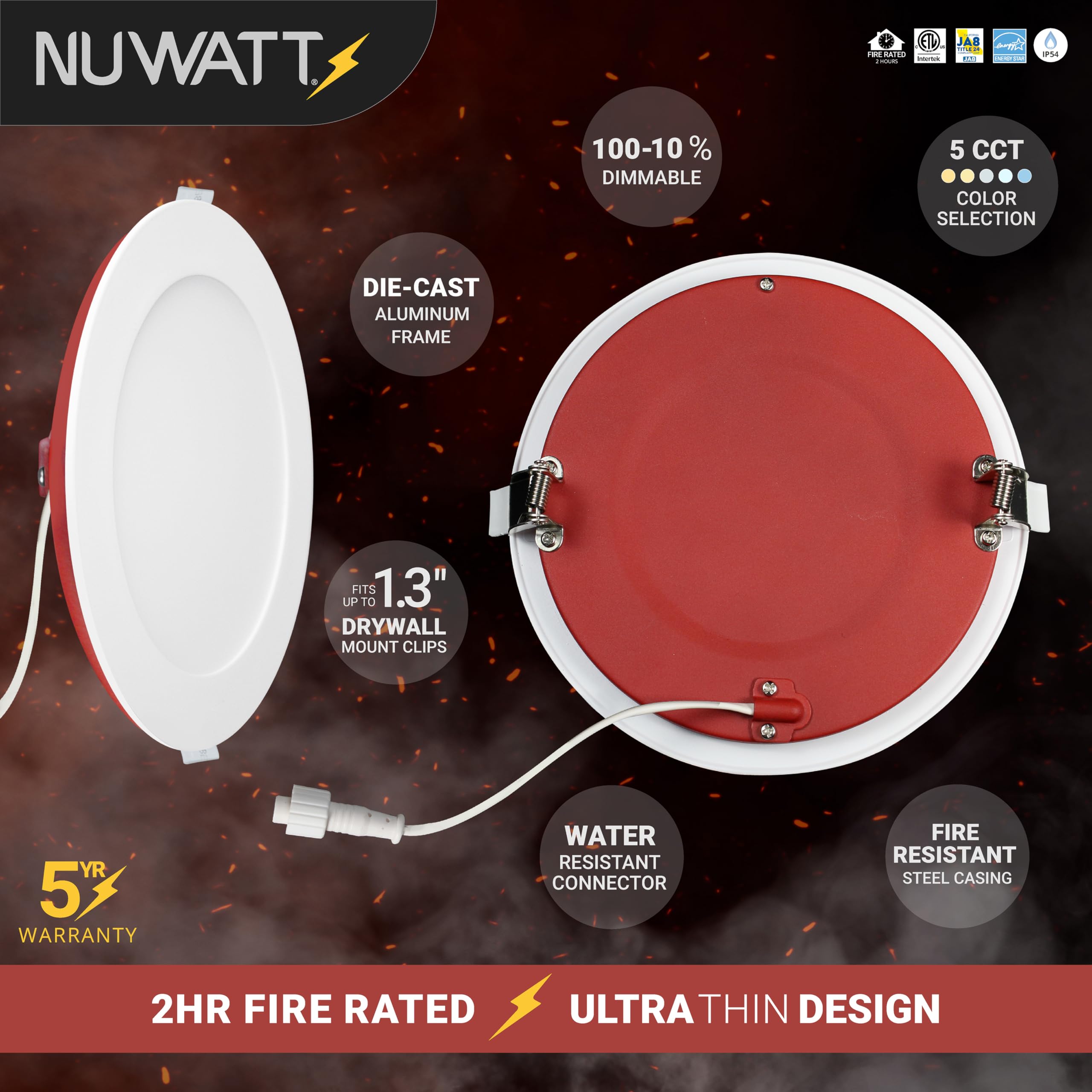 Nuwatt 6 Inch 2 Hour Fire Rated Ultra-Thin Led Recessed Light, Selectable 2700K/3000K/3500K/4000K/5000K, 1200 Lumens, Dimmable,