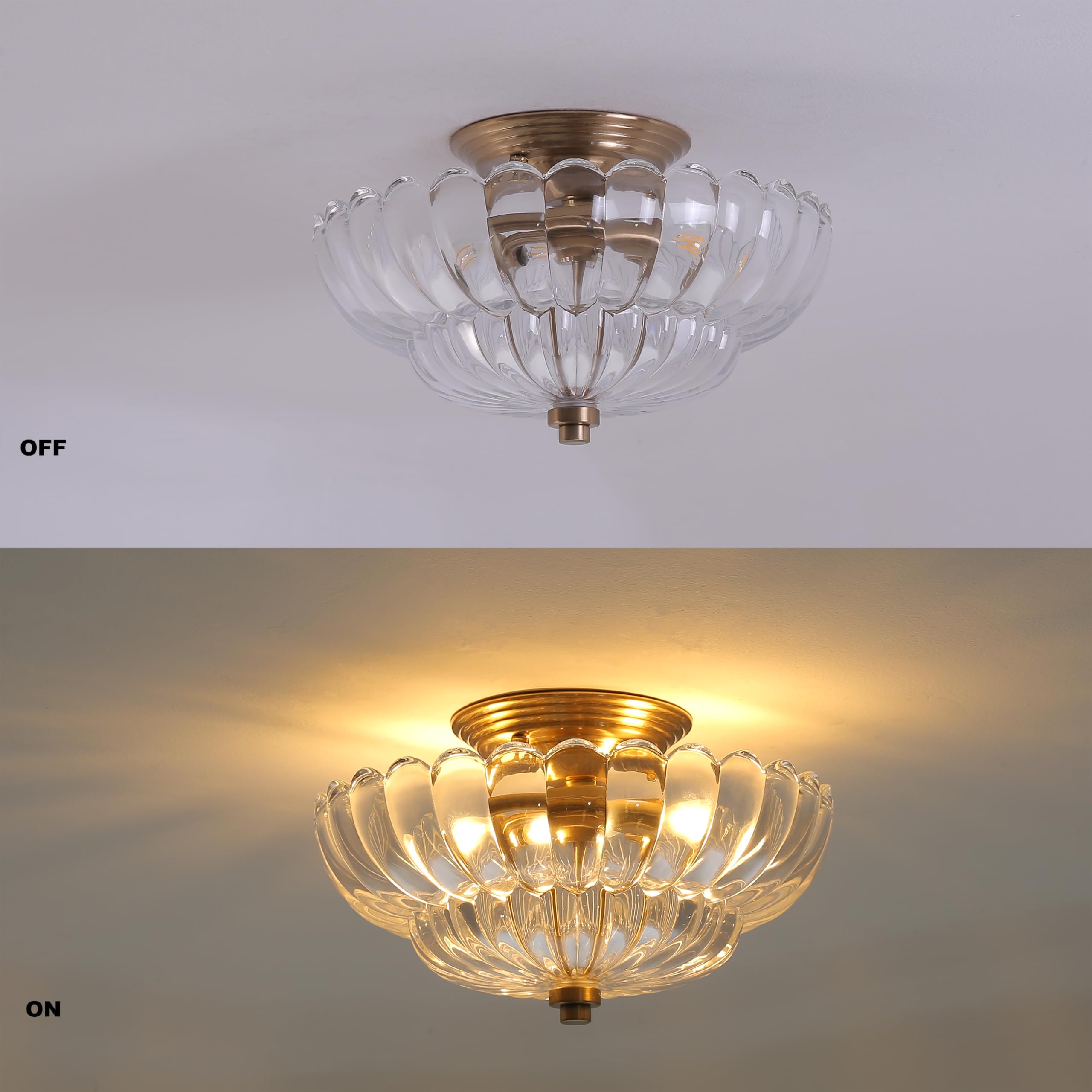 Semi Flush Mount Ceiling Light, Scalloped Clear Glass Close To Ceiling Light Fixtures With 2 Lights, Gold Vintage Light Fixtures