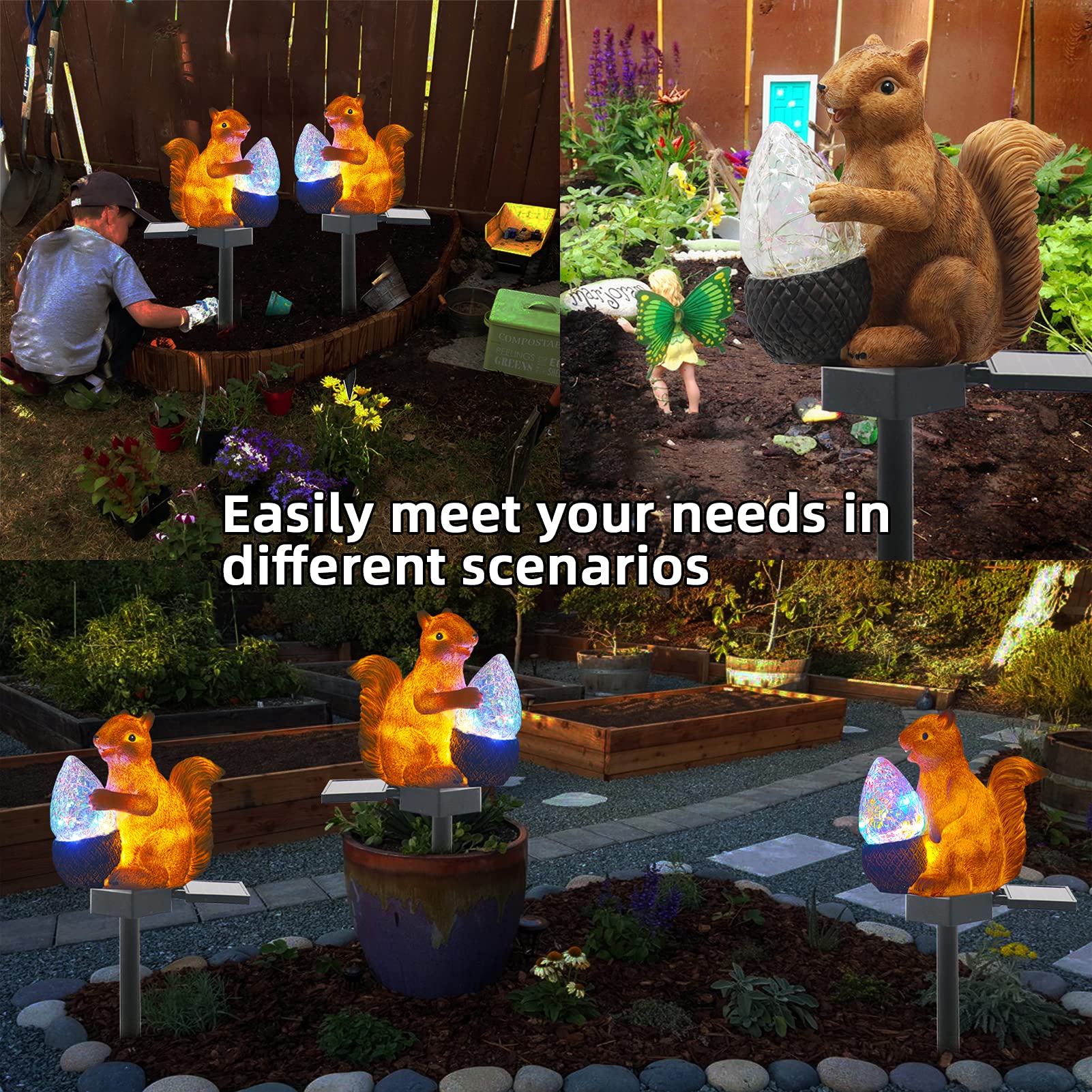 VGYVGYCC Solar Squirrel Stake Lights - Colorful LED, IP65 Waterproof, Resin Garden Decor for Yard and Patio