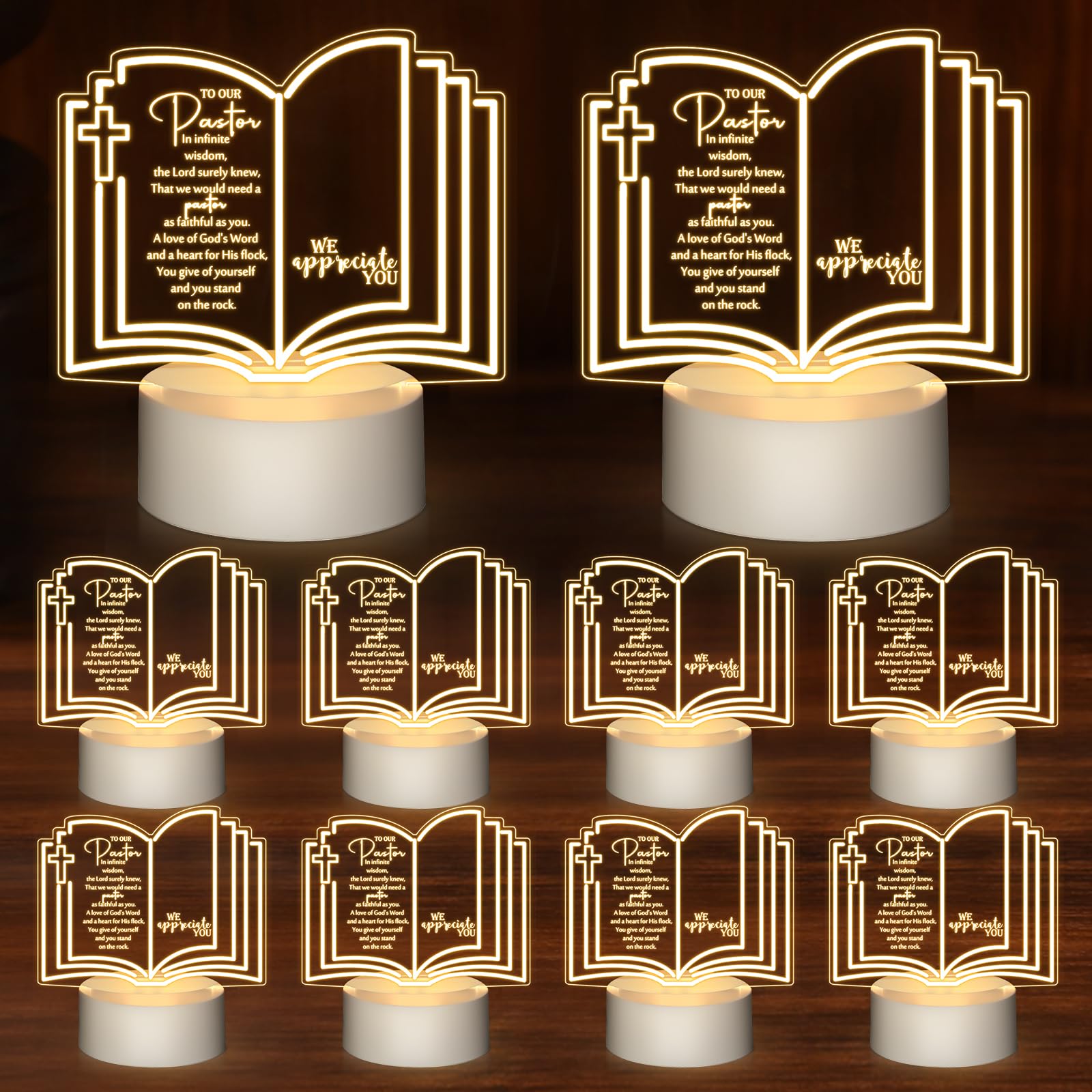 Kosiz 10 Pcs Pastor Appreciation Gift LED Night Light Christmas Christian Gifts Engraved Thank Clergy Sayings Acrylic Lamp with 