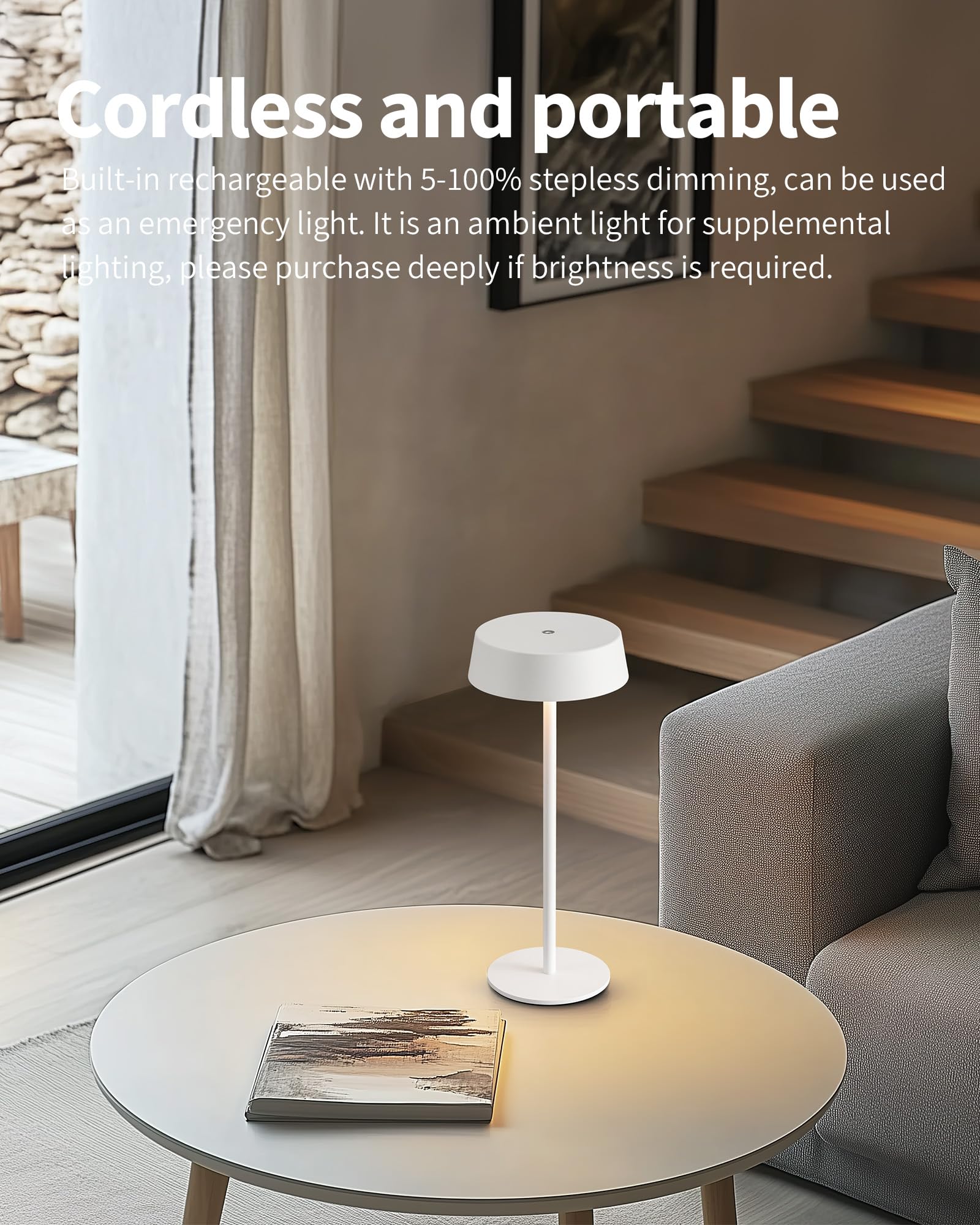 VISDANFO Modern Cordless Table Lamp Set of 2, Portable LED Desk Lamps, Rechargeable 5000mAh Battery Operated, Dimming Night Ligh