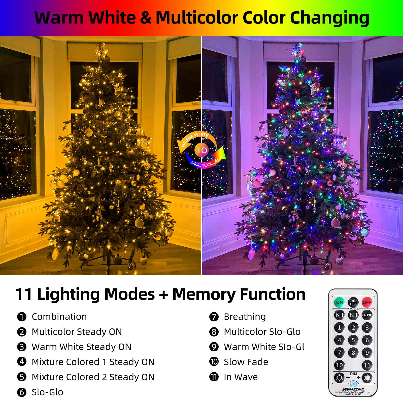 Mzd8391 262Ft 800 Led Color Changing Christmas Lights Outdoor Indoor, Warm White Multicolor Christmas Tree Lights, Waterproof Christmas Fairy String Lights Timer Remote, 11 Lighting Modes