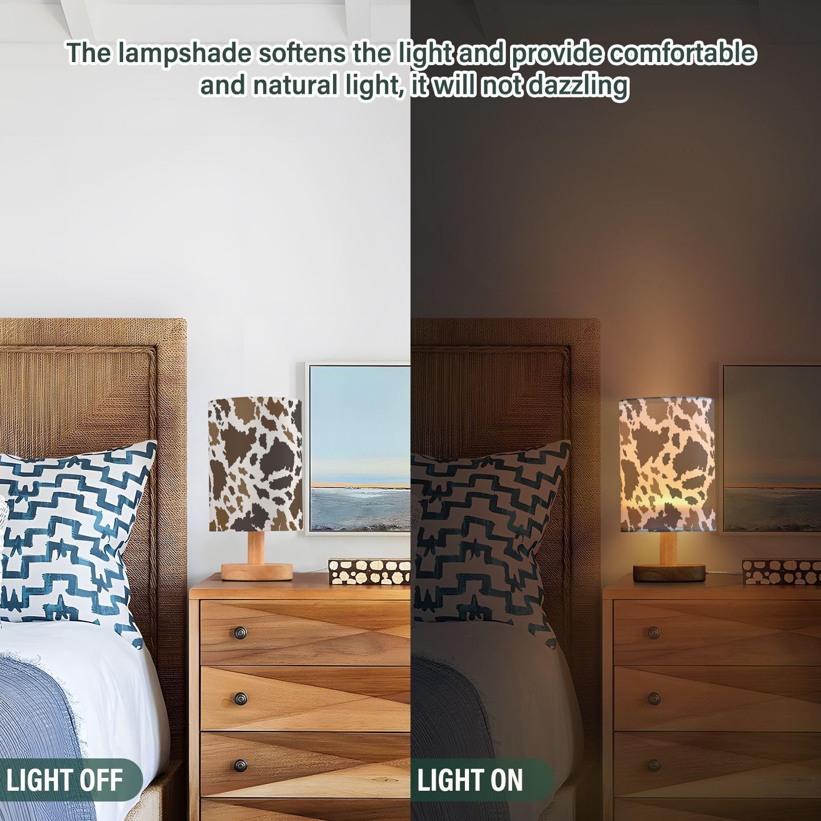 Oarencol Bedside Table Lamp Cow Print Nightstand Lamp With Wood Brown Animals Skin Desk Lamps For Bedroom Living Room Nursery Of
