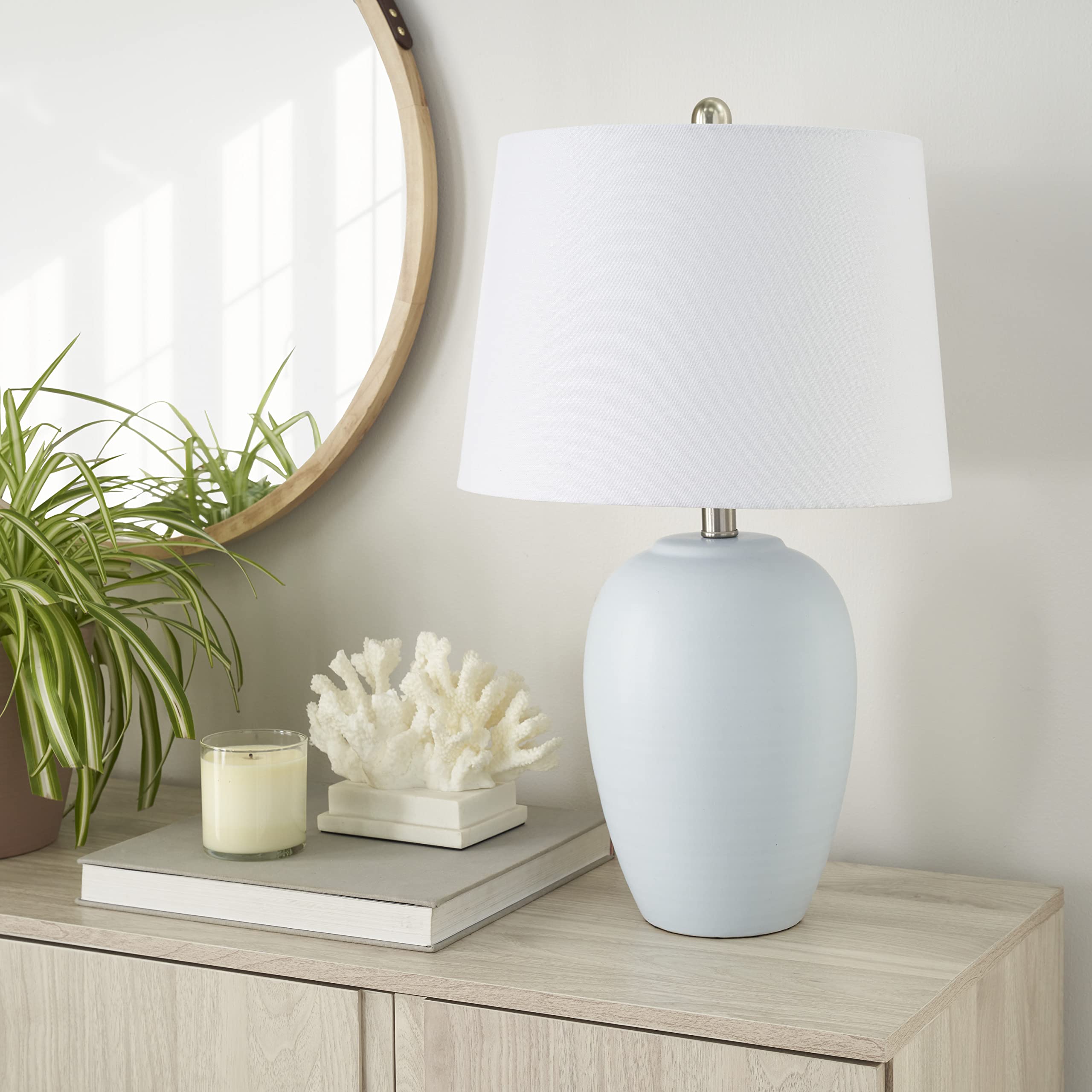 Nourison 23'' Coastal Blue Ceramic Pot Table Lamp For Bedroom, Living Room, Dining Room, Entryway, With White Shade, Set Of 2 La