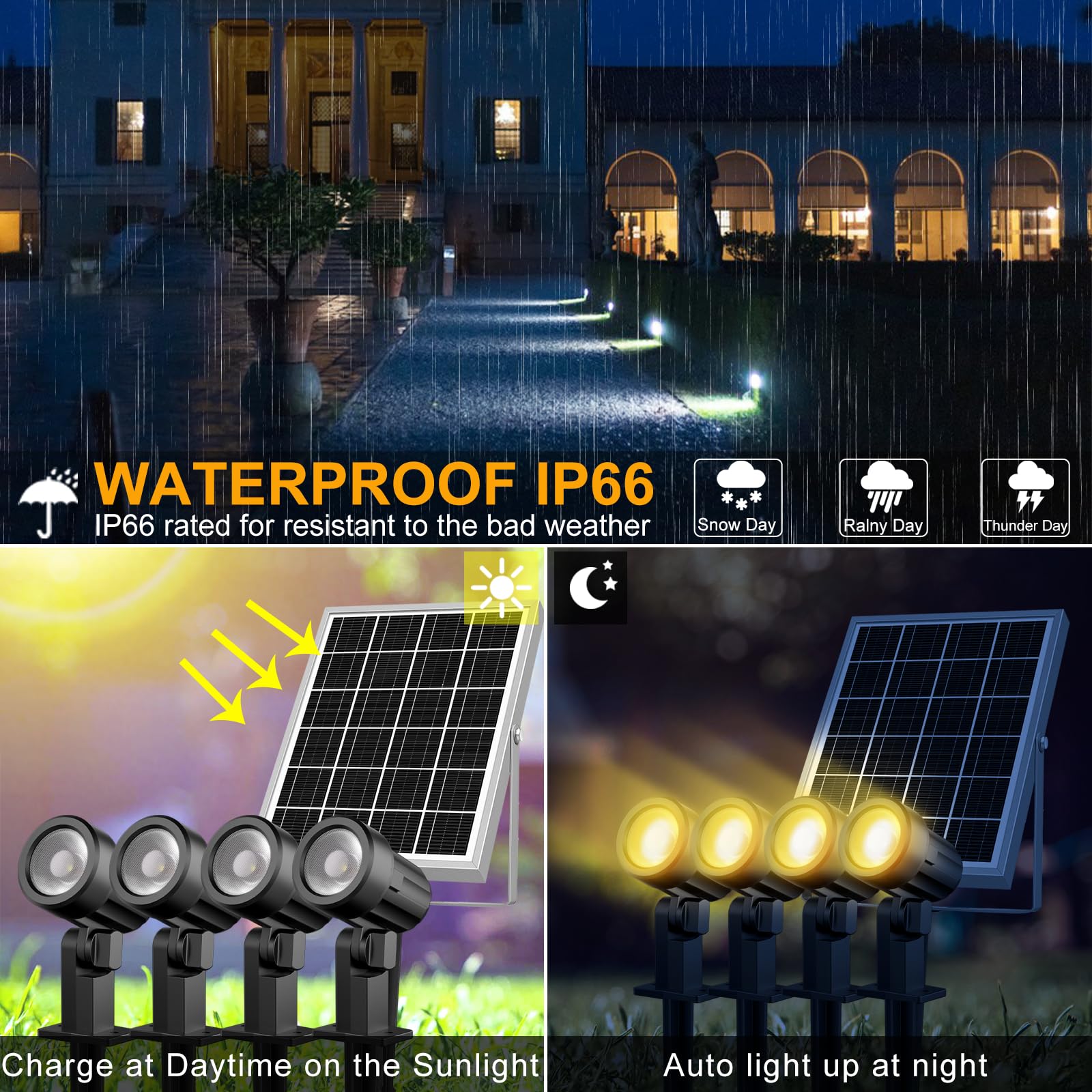 MEIKEE Solar Spot Lights, 4-in-1 Landscape Lights, 4W/6V, IP66 Waterproof, 2700K/4000K/6500K, Model SL