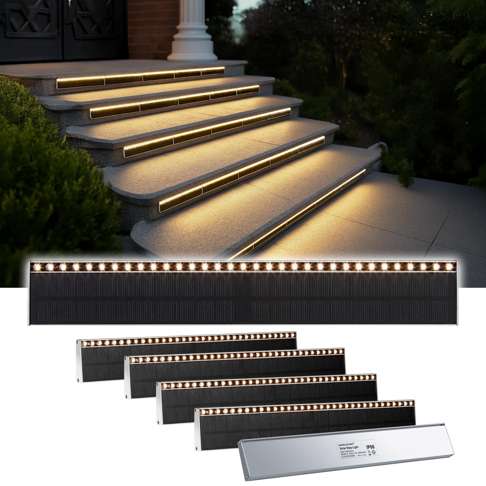 SHONELIGHTING Solar Step Lights for Outside  33 Focused-Beam High-Brightness LEDs  Waterproof Aluminum Outdoor Stair Light for Risers  Curbsides  Poolsides  Planter Edges (Warm White  6Pack)