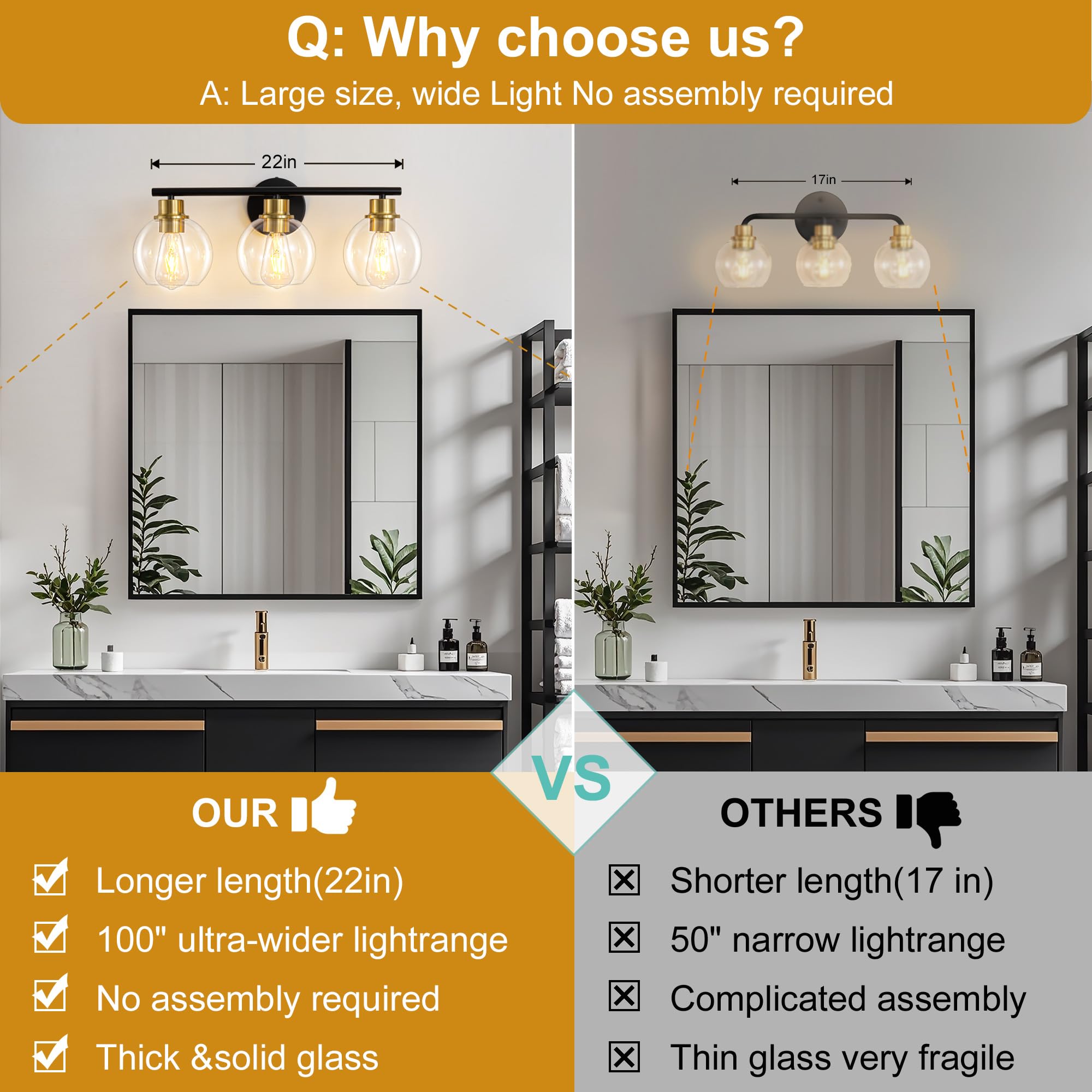 Lanmate 3-Light Black And Gold Bathroom Vanity Light Fixture With Glass Shades, Industrial Wall Sconce