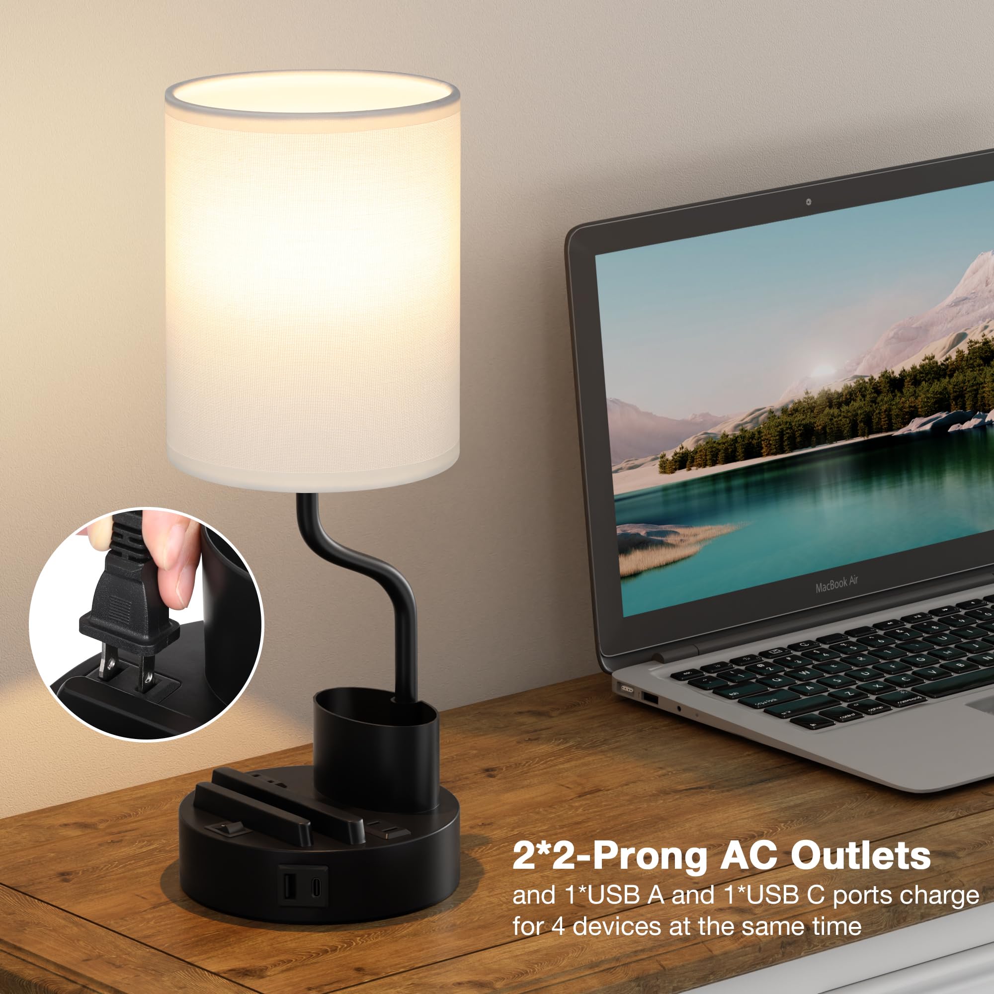 White Bedside Table Lamps For Bedroom Set Of 2 - Nightstand Light With Ac Outlet And Usb A & C For Charging, 3 Color Temperature