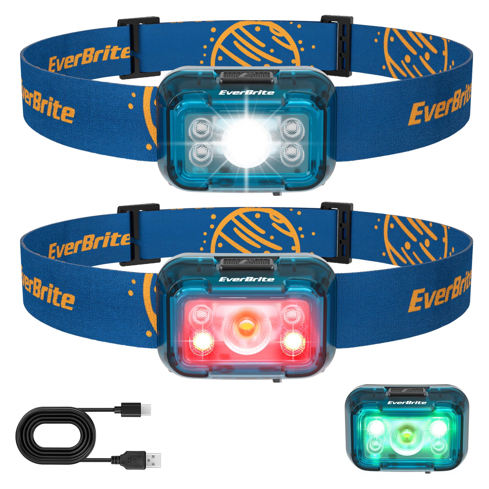 Everbrite Rechargeable Headlamp, 2 Pack Kids Headlamp With White/Red/Green Light And Memory Function, Head Lamp For Adult And Ki