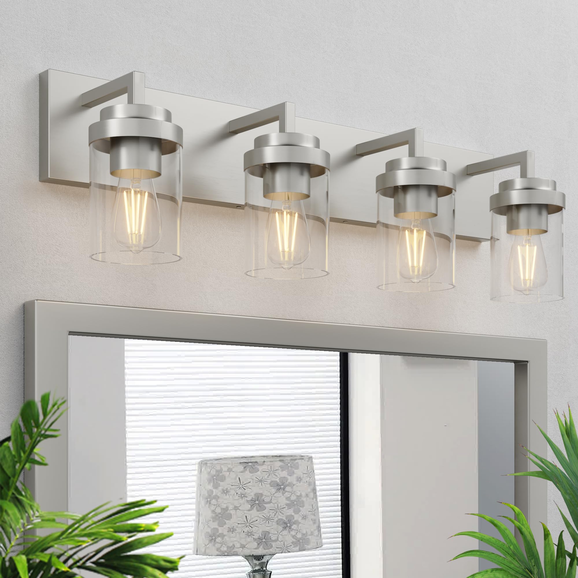 Espird 4-Light Bathroom Vanity Light Fixtures, Brushed Nickel, Glass Shade, Model L08-3-TONG