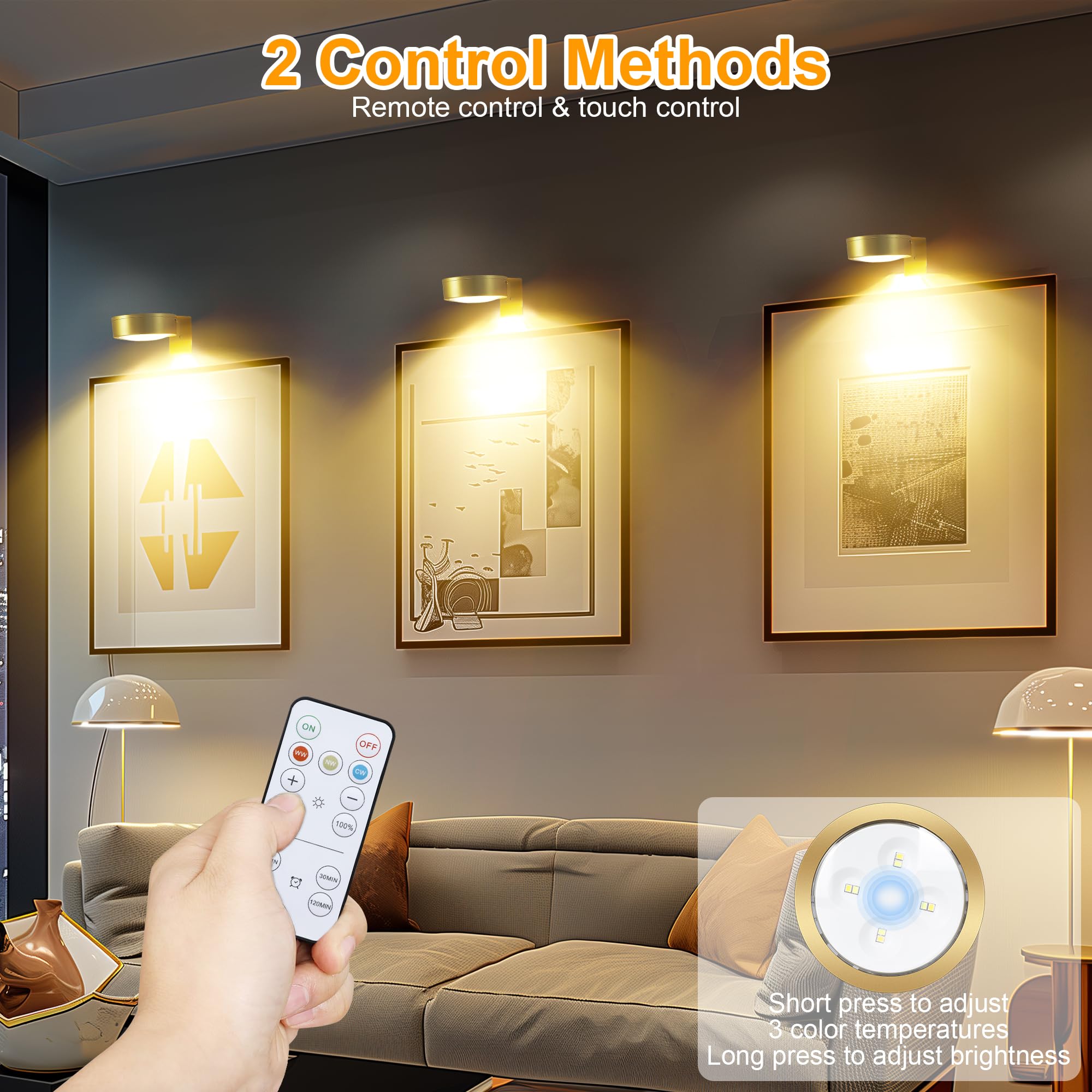 3Pcs Battery Operated Picture Light, Magnetic Led Painting Light With Remote Dimmable And Timer, 3 Lighting Modes Art Display Li