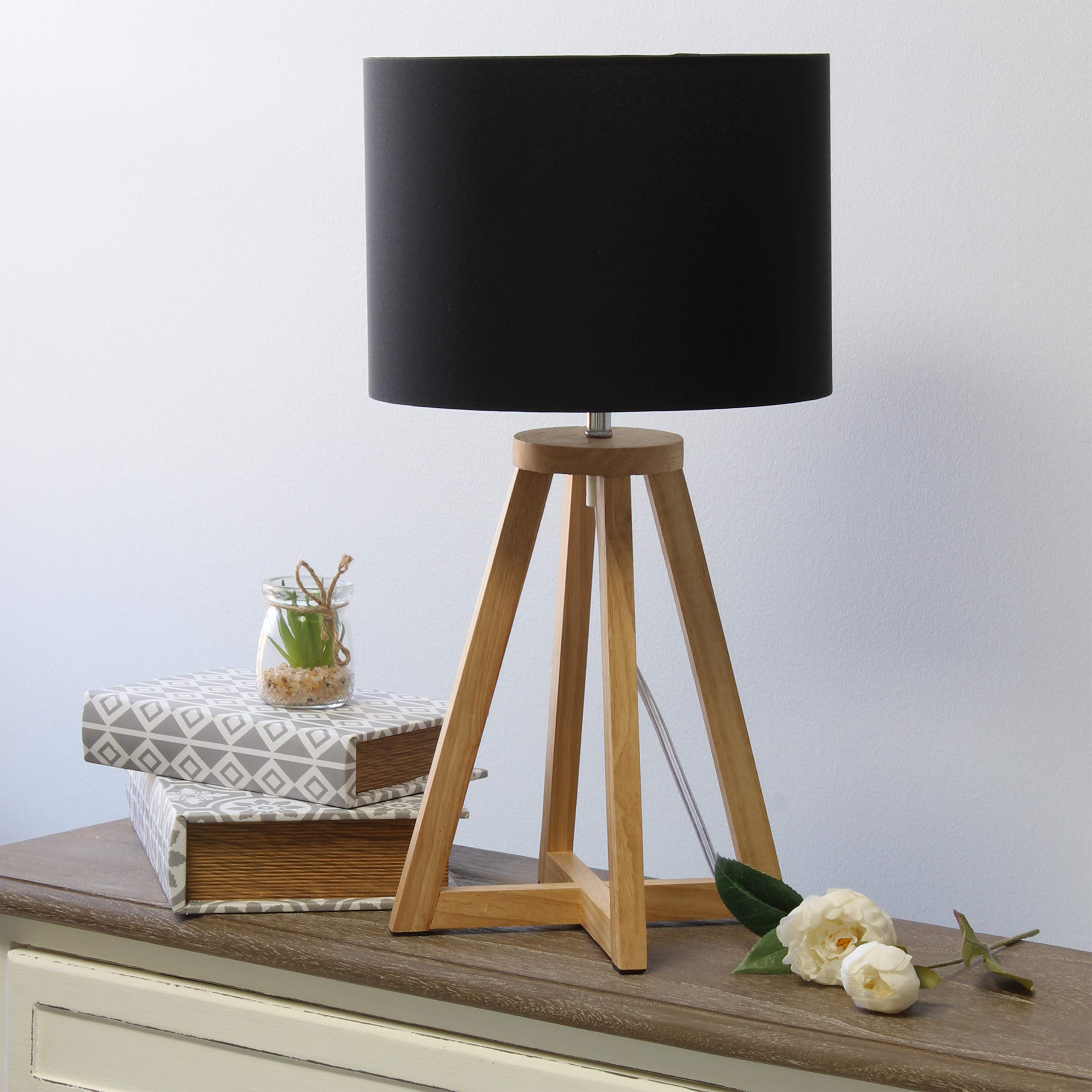 Simple Designs Lt1069-Nbk Interlocked Triangular Wood Fabric Shade Table Lamp, Natural/Black