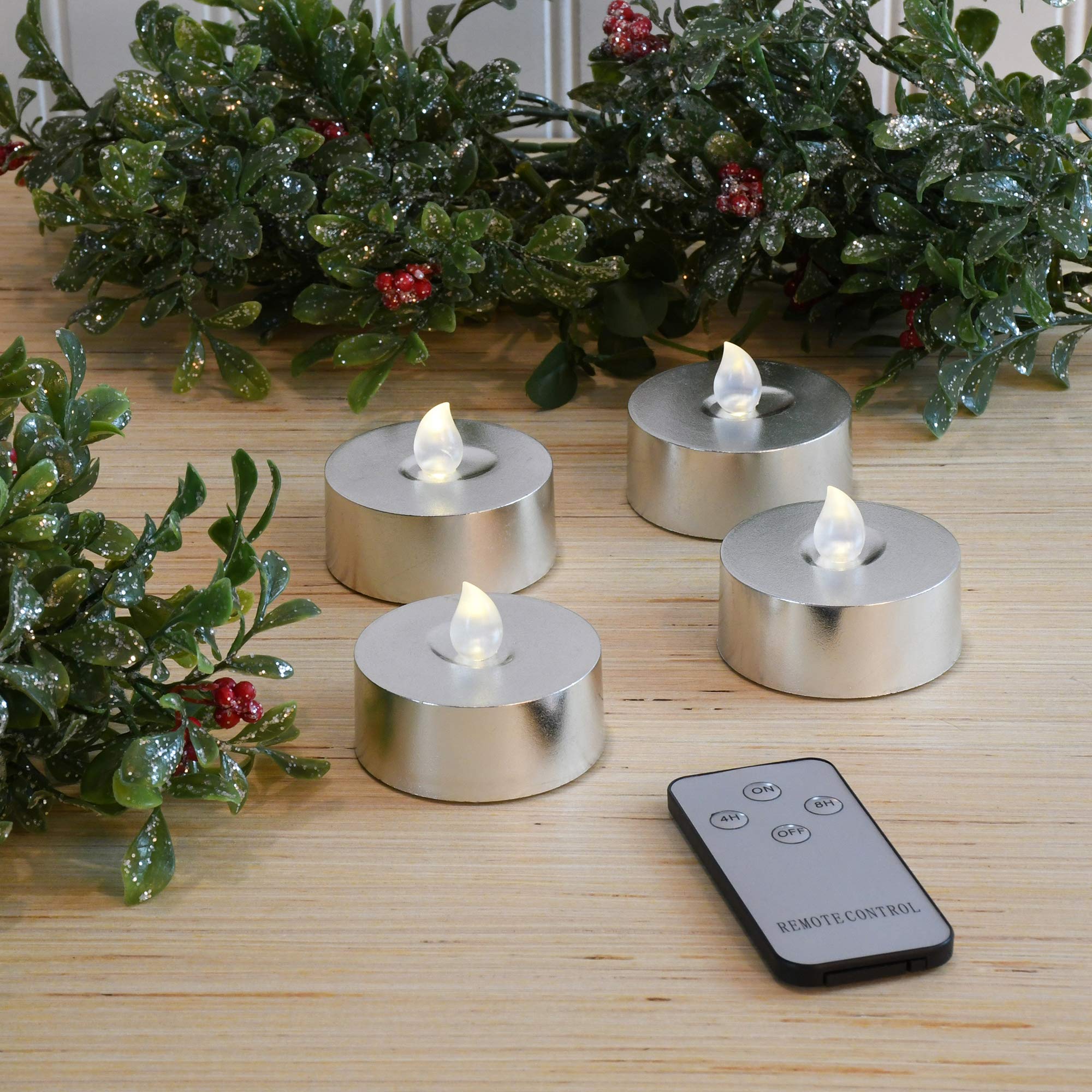 Lumabase Extra Large Silver Battery Operated Tea Lights Set of 4 with Remote Control, Model 84104, Plastic Material