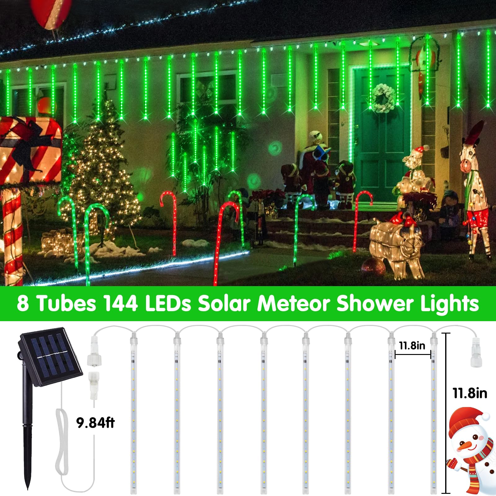 Jmexsuss Green Solar Meteor Shower Rain Lights, 8 Tube 144 Leds Halloween Lights For Xmas Halloween Tree Party Holiday Patio Dec