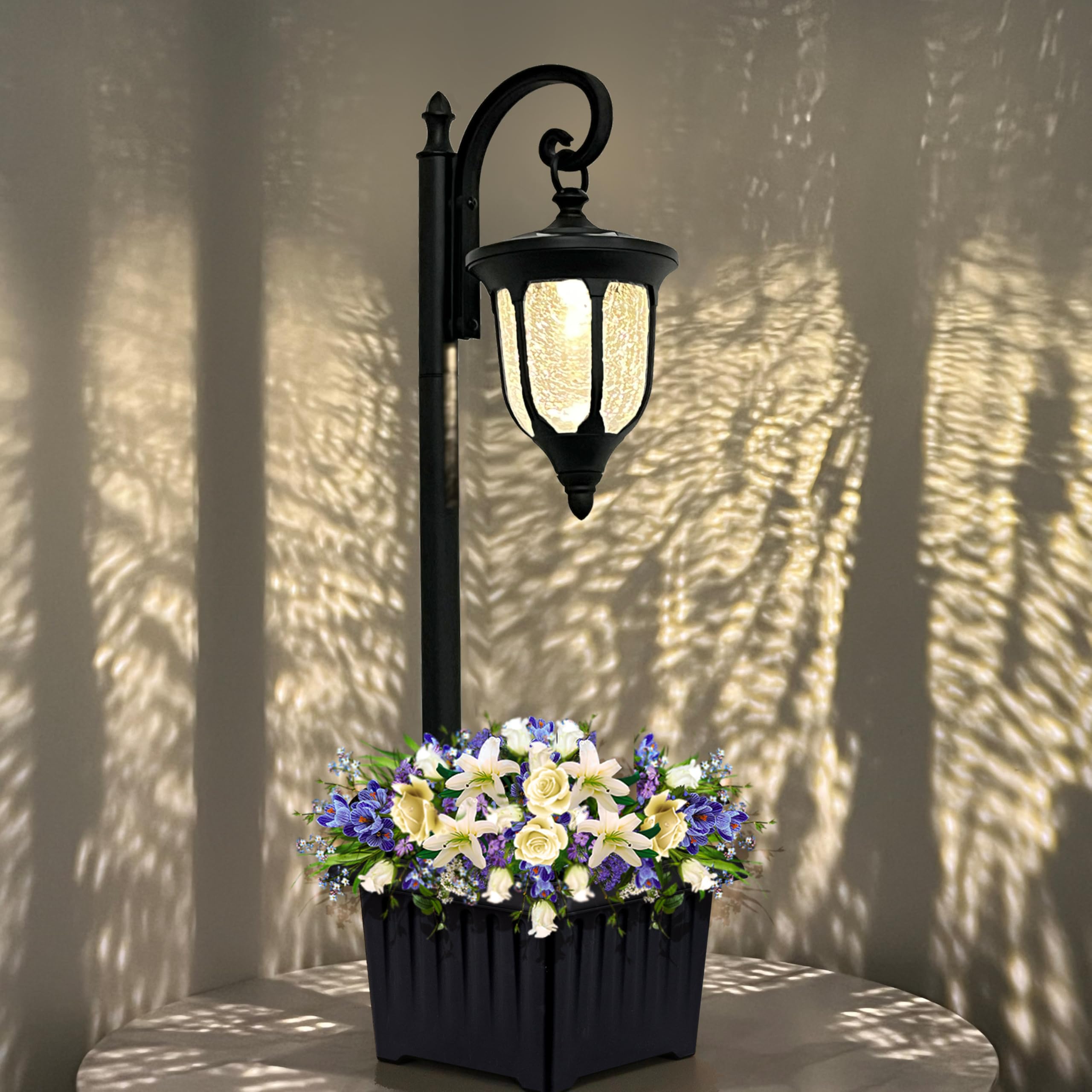 Yonaveil Solar Lamp Post Light with Planter, Outdoor Solar Lights with Crackle Glass, Matte Black Outdoor Flower Pots, 2 in 1 So