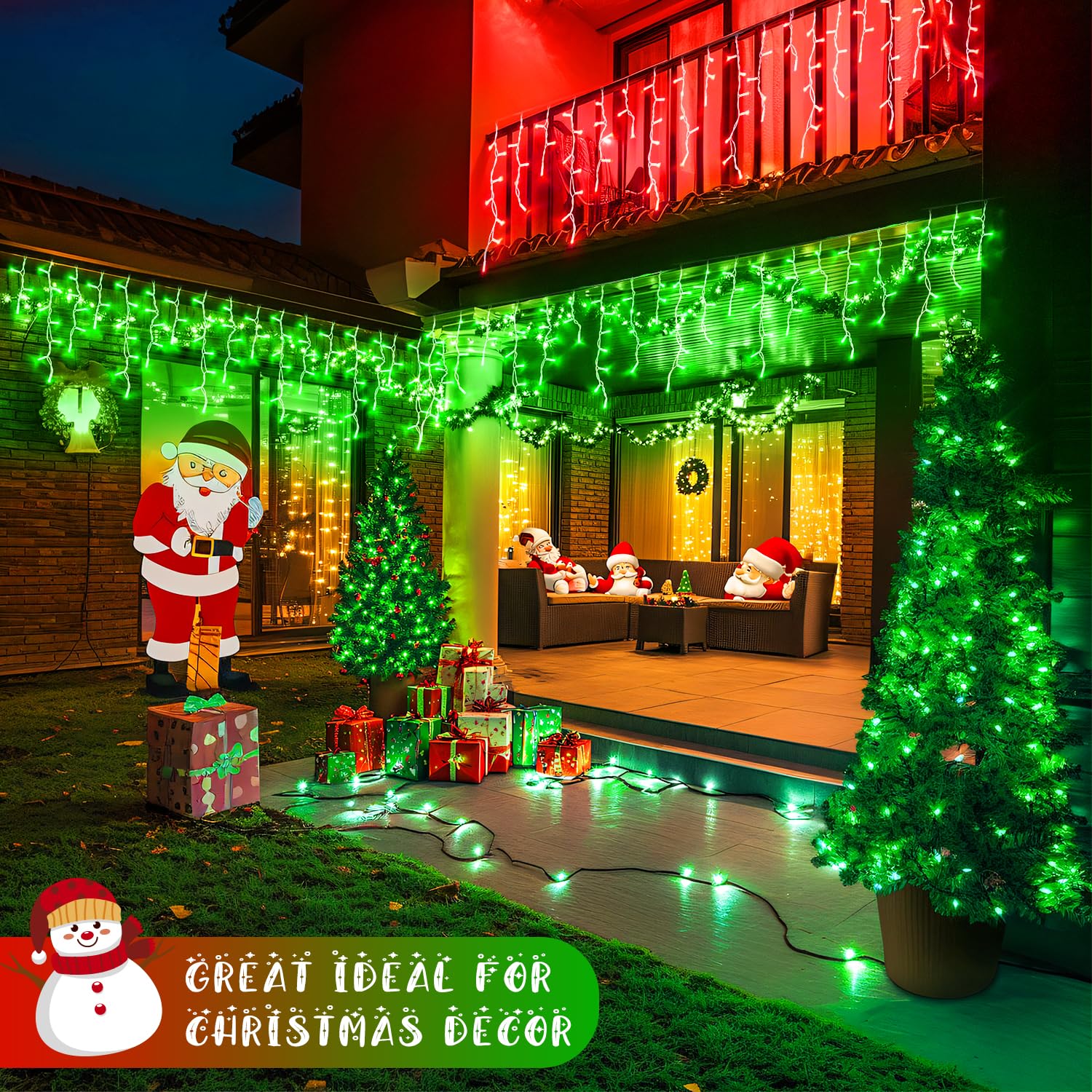 JMEXSUSS 400 LED Icicle Lights, Red & Green, Clear Wire, 11 Modes, Model EXS-I-0400-R, Outdoor Christmas & Halloween Decorations