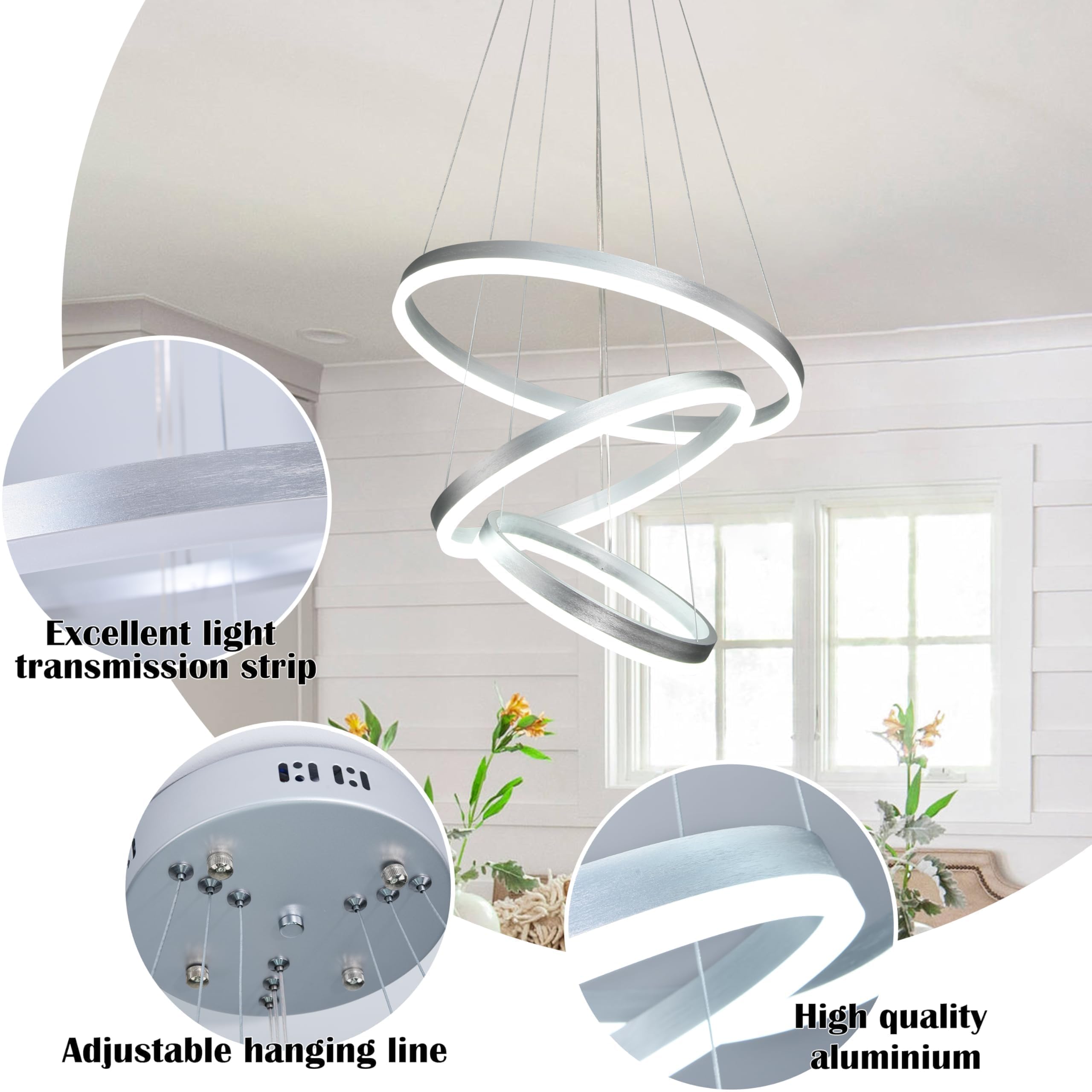 Mccokaige Modern Sliver Led Chandelier 3 Rings Pendant Lights Dimmable Chandeliers Color Temperature Height Adjustable Sliver Ch