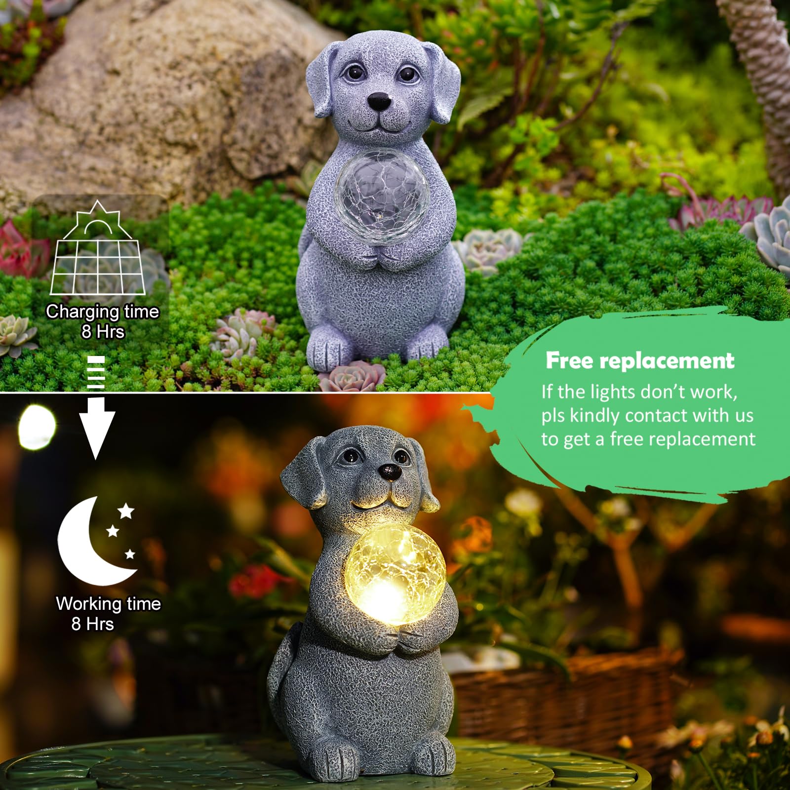 Tiejiajiang Solar Dog Statue - 8.4&quot; Gray Decor With Led Gazing Ball For Garden & Lawn
