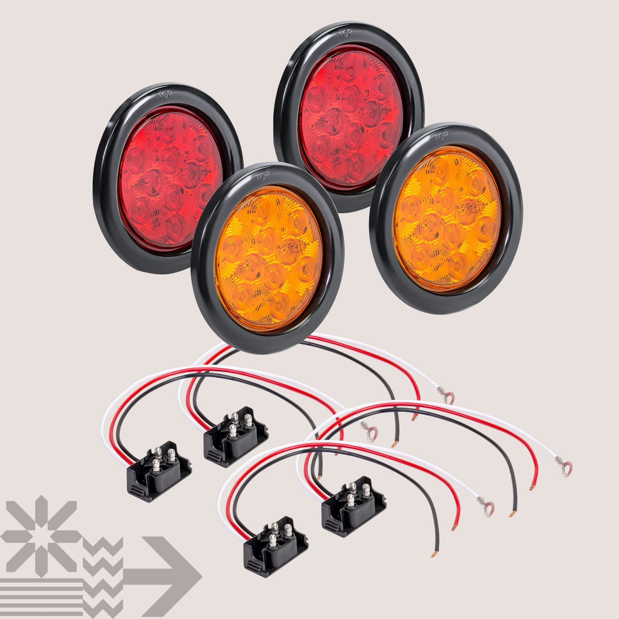 True Mods 2 Red + 2 Amber 4'' Round 10 Led Trailer Tail Light Kit [Dot Certified] [Grommet & Plug] Ip67 Waterproof Stop Brake Tu
