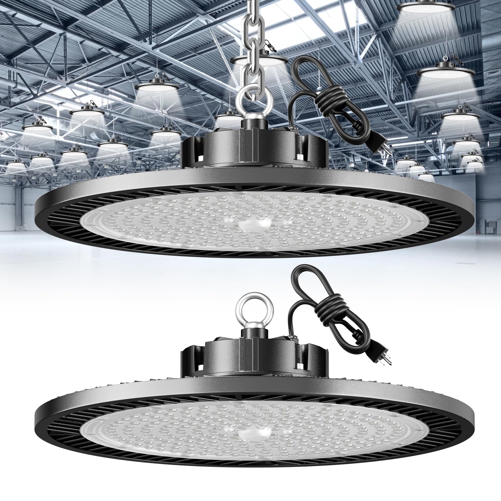 Elekico High Bay Led Shop Light, Upgrade Super Bright 2 Pack 250W Ufo Led High Bay Light, 35000Lm 5000K Commercial Lighting Garage Lights For Factory Workshop Warehouse Garage Barn