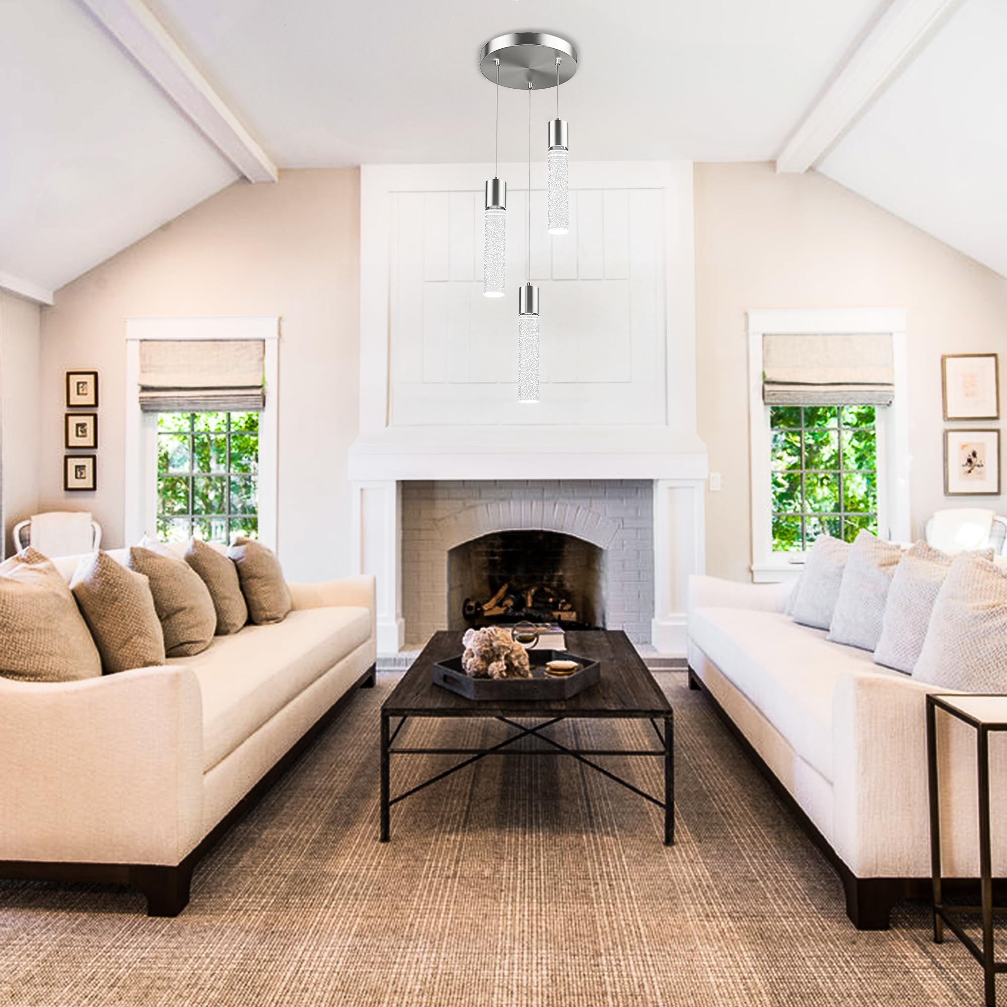 Esfos Pendant Lights Kitchen Island 3-Light, 6500K Modern Kitchen Island Lights Ceiling Lighting Fixtures With Crystal Bubble, I