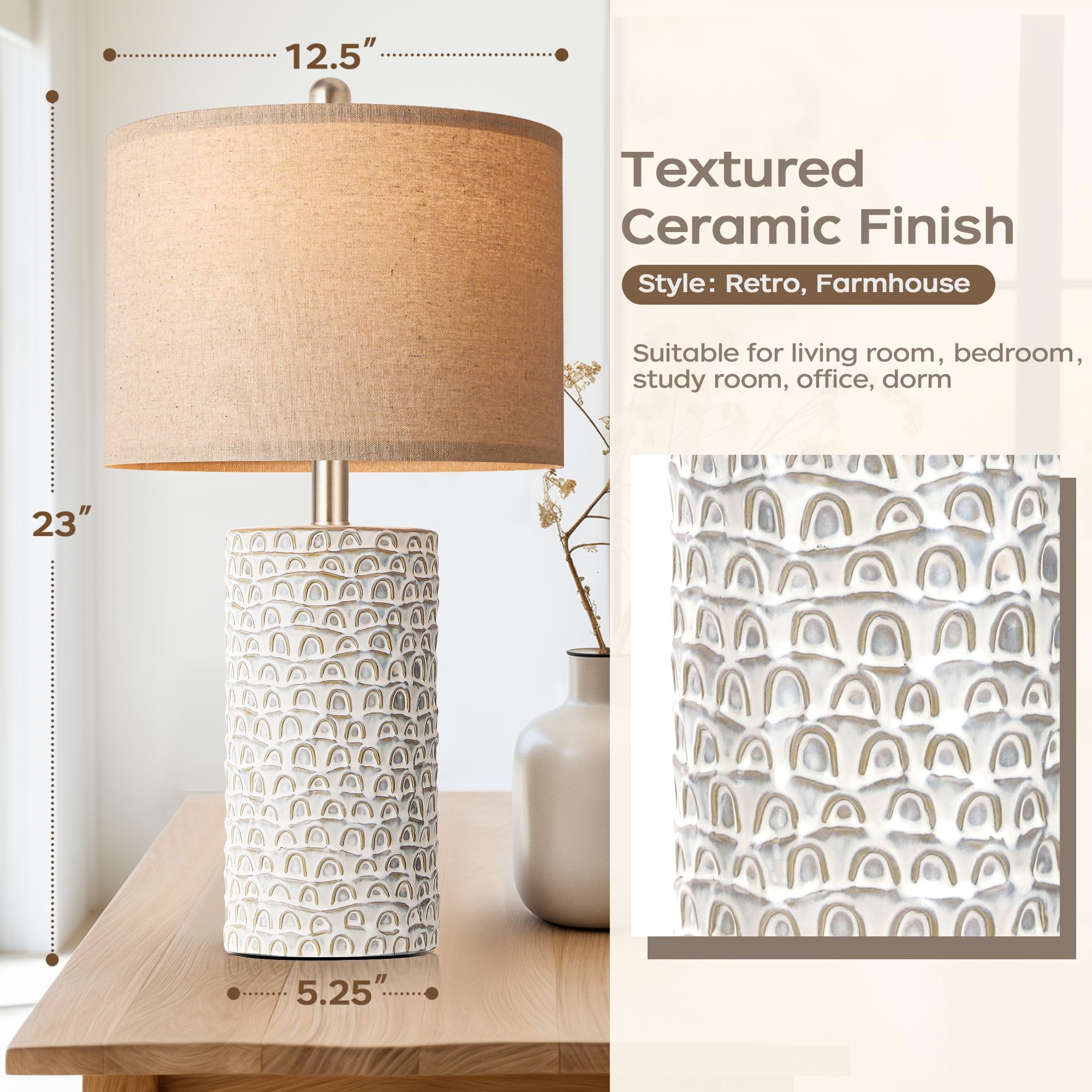 Partphoner Ceramic Table Lamp Set Of 2, 23 Grey & White Rustic Farmhouse Nightstand Lamps, Model Str-Dl-0005