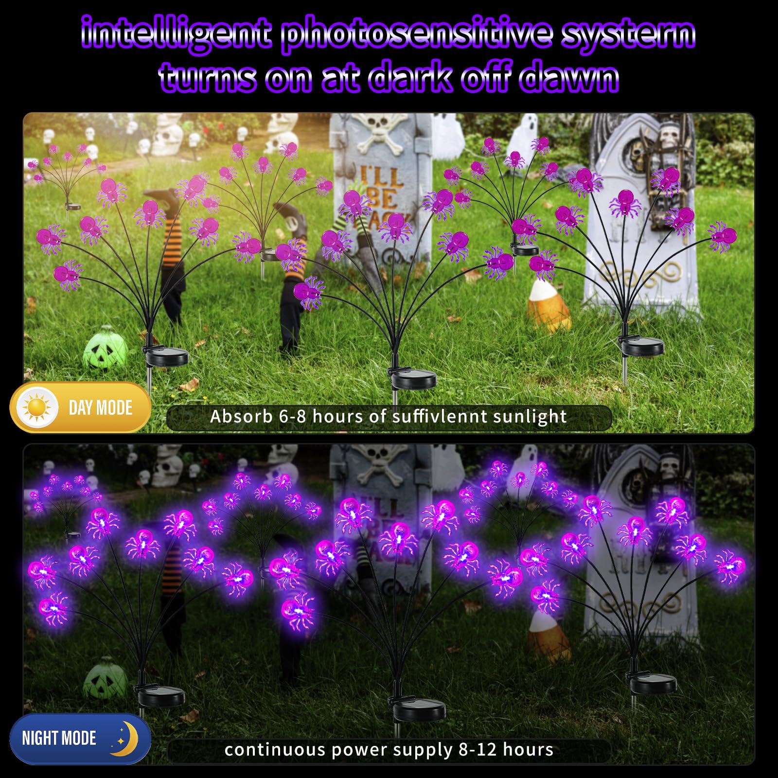 4 Packs Halloween Decorations Outdoor Scary Sloar Spider Lights,32Led Purple Spider Swaying Firefly Lights,Waterproof Solar Halloween Path Lights For Yard/Garden/Lawn/Party Decor(Spider)