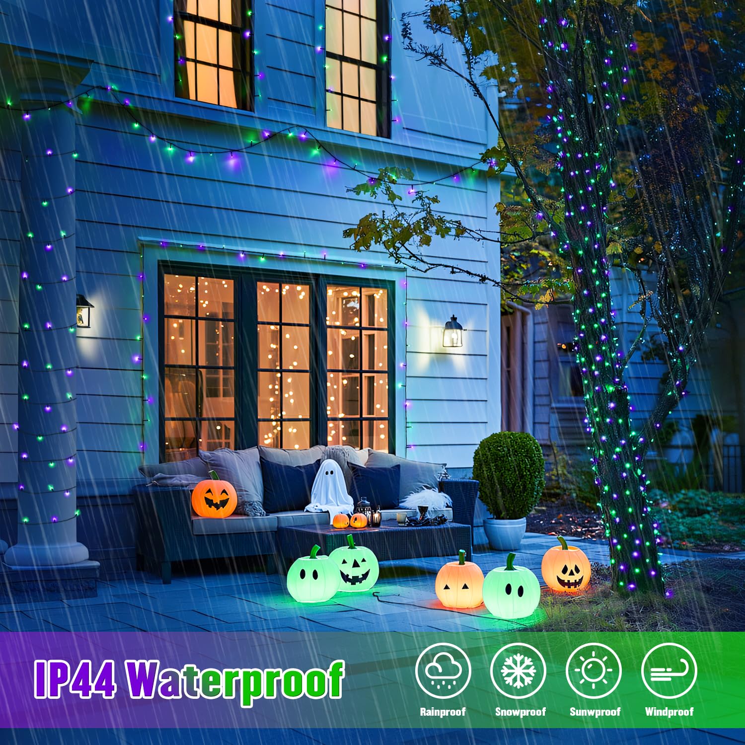 JMEXSUSS Solar Halloween Lights, 66 FT 200 LED, Purple and Green, Waterproof Outdoor Decor, Model JM-S-100, 2 Pack